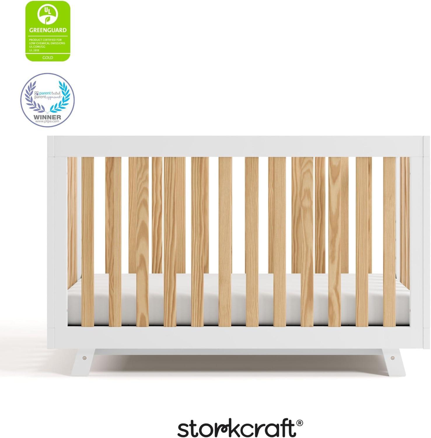 imageStorkcraft Beckett 3in1 Convertible Crib Natural GREENGUARD Gold Certified Fits Standard Crib Mattress Converts to Toddler Bed and Daybed 4 Adjustable Mattress Heights GrowwithMe DesignWhite With Natural