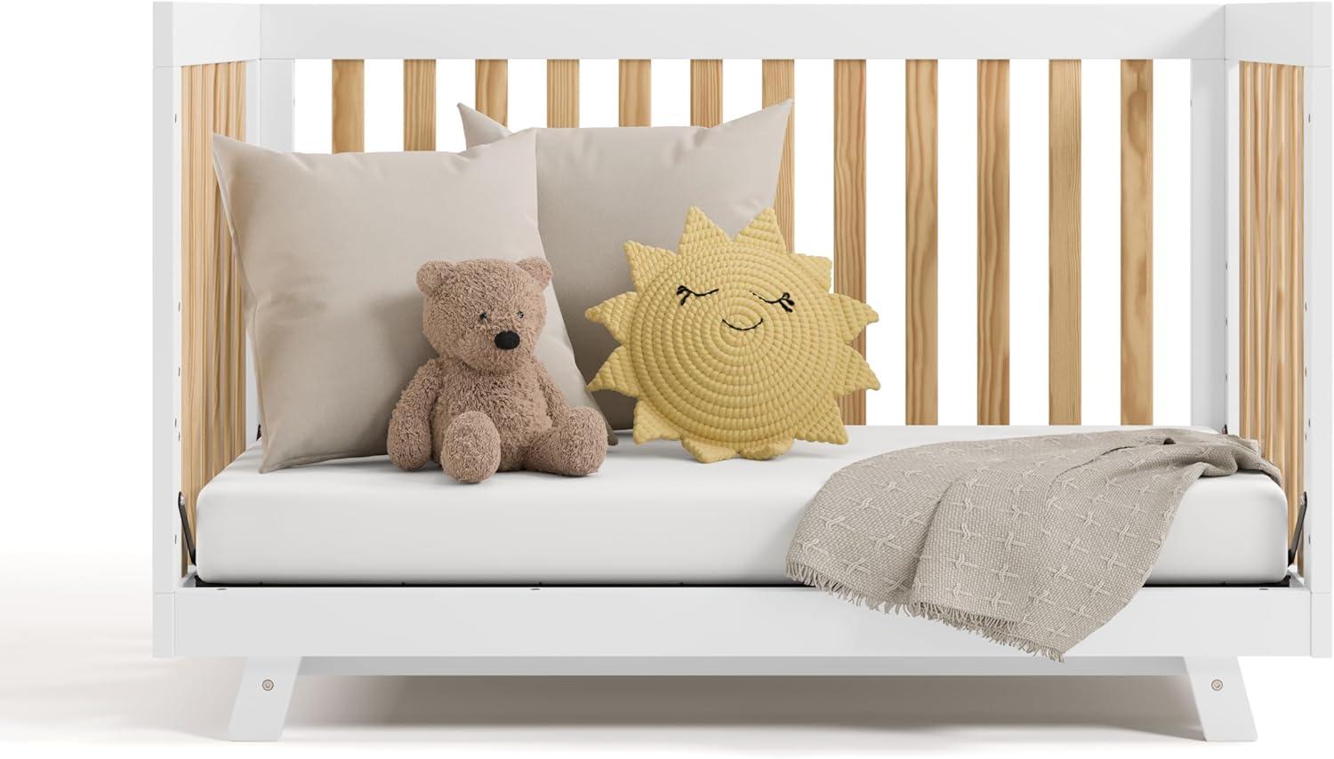 imageStorkcraft Beckett 3in1 Convertible Crib Natural GREENGUARD Gold Certified Fits Standard Crib Mattress Converts to Toddler Bed and Daybed 4 Adjustable Mattress Heights GrowwithMe DesignWhite With Natural