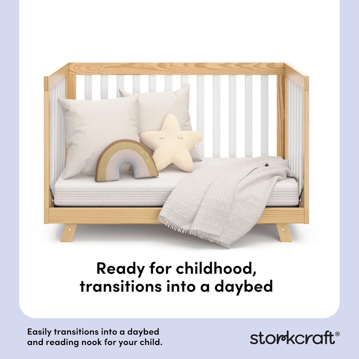 imageStorkcraft Beckett 3in1 Convertible Crib Natural GREENGUARD Gold Certified Fits Standard Crib Mattress Converts to Toddler Bed and Daybed 4 Adjustable Mattress Heights GrowwithMe DesignNatural With White