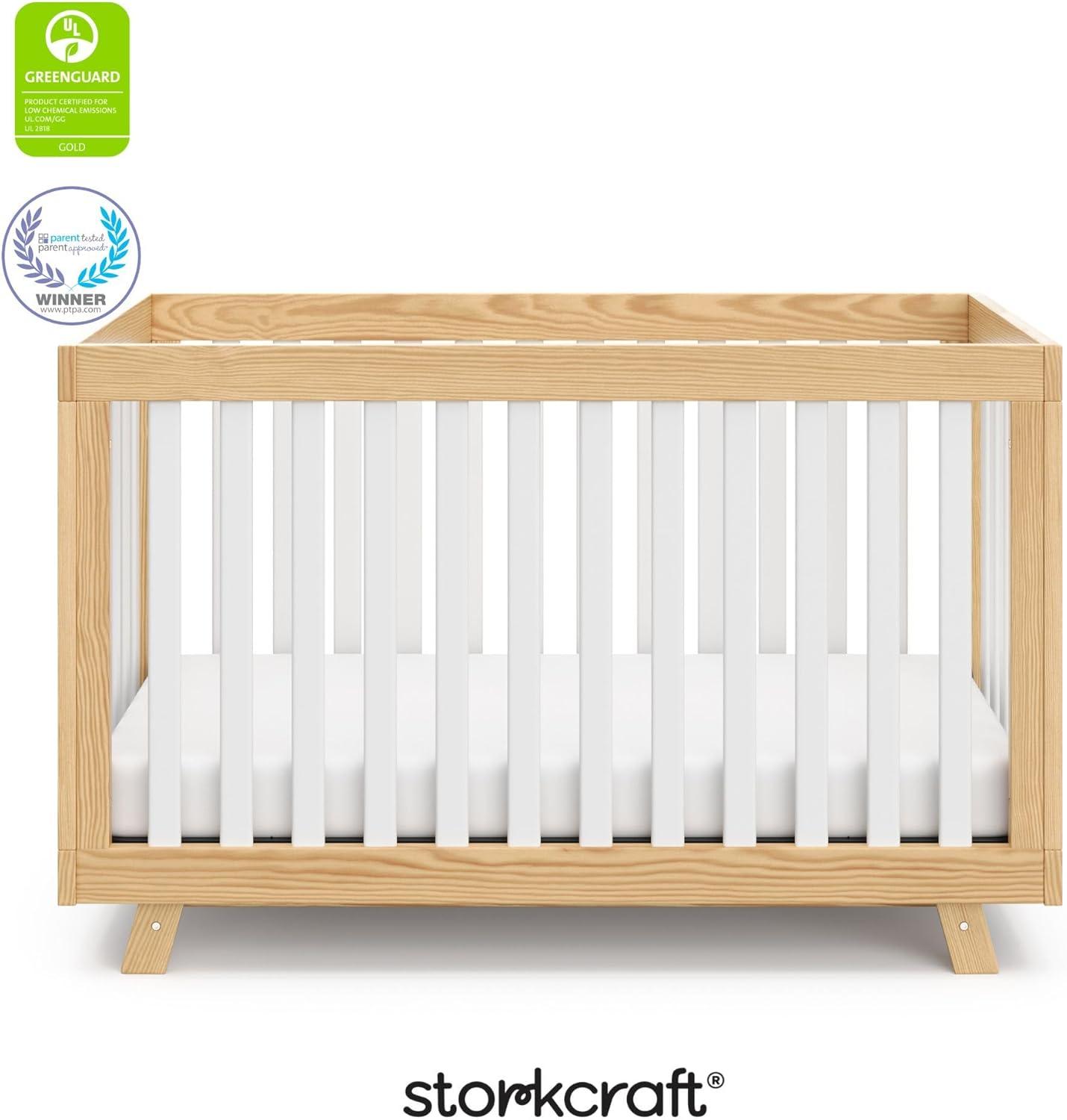 imageStorkcraft Beckett 3in1 Convertible Crib Natural GREENGUARD Gold Certified Fits Standard Crib Mattress Converts to Toddler Bed and Daybed 4 Adjustable Mattress Heights GrowwithMe DesignNatural With White