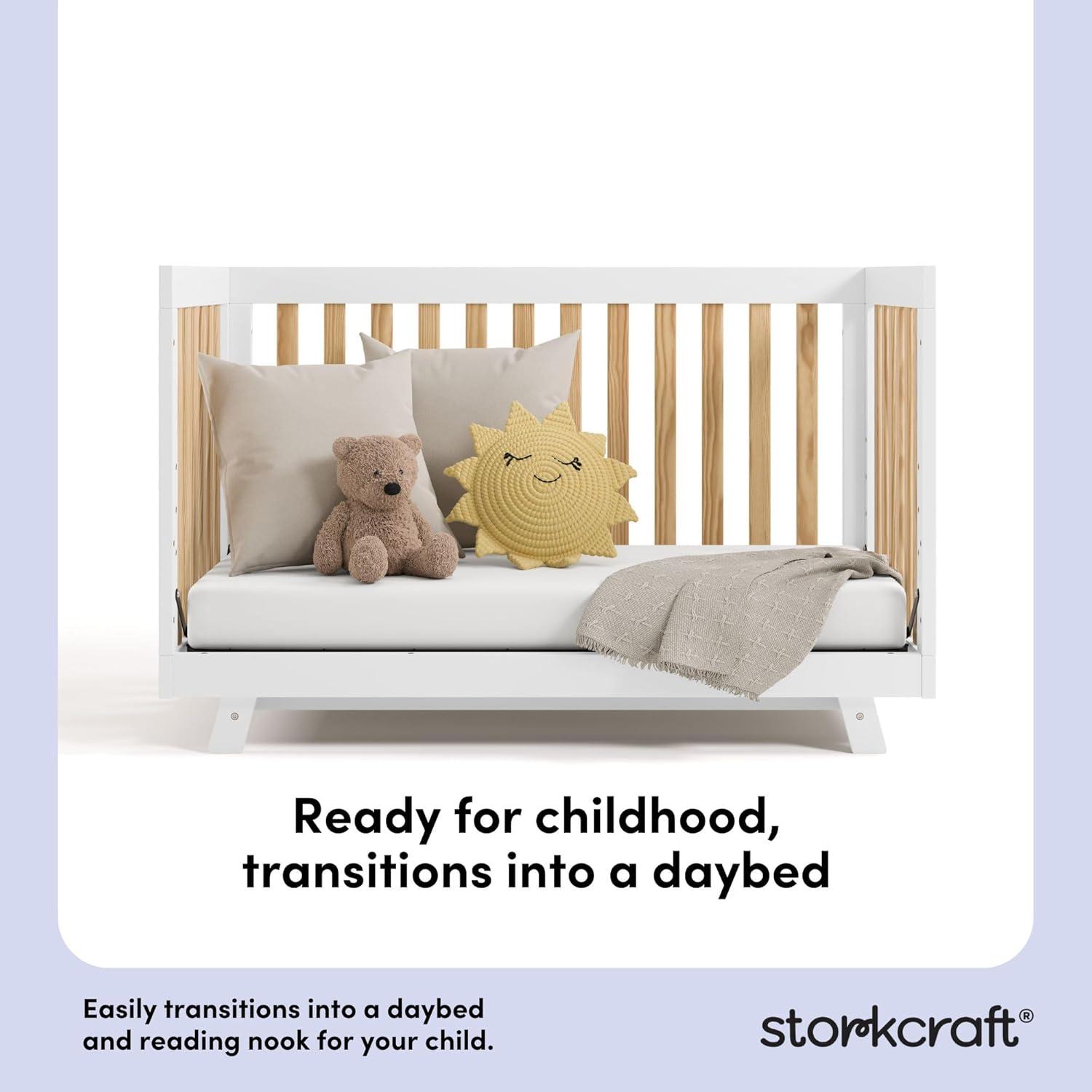 imageStorkcraft Beckett 3in1 Convertible Crib Natural GREENGUARD Gold Certified Fits Standard Crib Mattress Converts to Toddler Bed and Daybed 4 Adjustable Mattress Heights GrowwithMe DesignWhite With Natural
