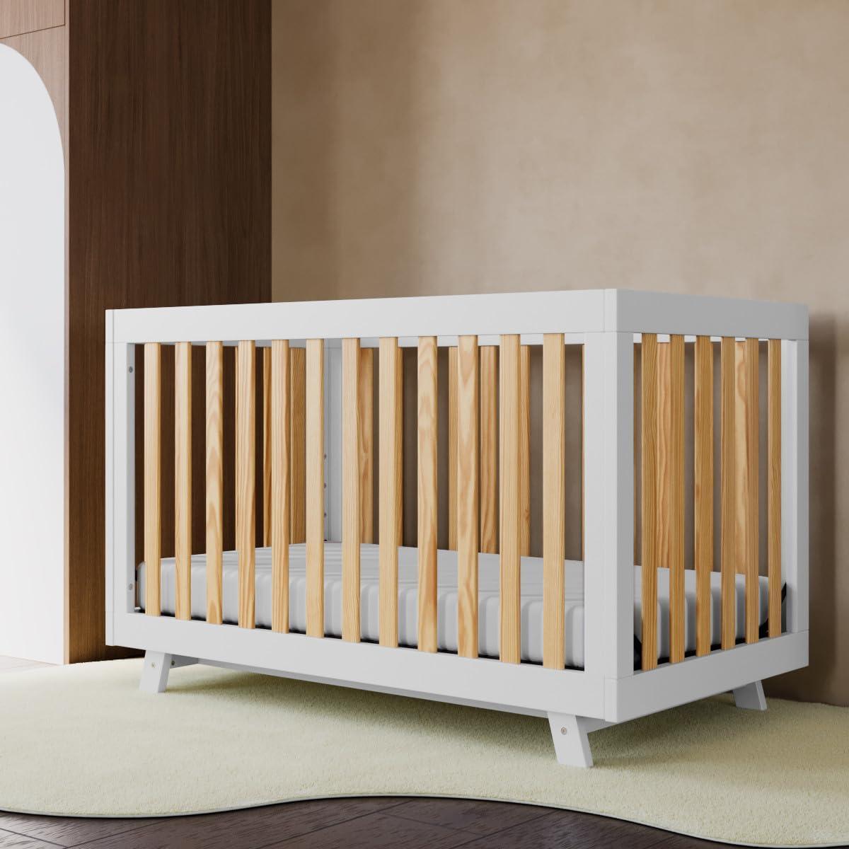 imageStorkcraft Beckett 3in1 Convertible Crib Natural GREENGUARD Gold Certified Fits Standard Crib Mattress Converts to Toddler Bed and Daybed 4 Adjustable Mattress Heights GrowwithMe DesignWhite With Natural