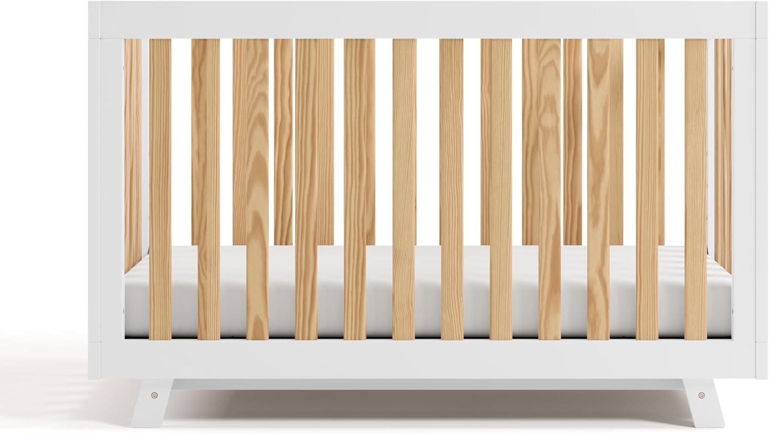 imageStorkcraft Beckett 3in1 Convertible Crib Natural GREENGUARD Gold Certified Fits Standard Crib Mattress Converts to Toddler Bed and Daybed 4 Adjustable Mattress Heights GrowwithMe DesignWhite With Natural