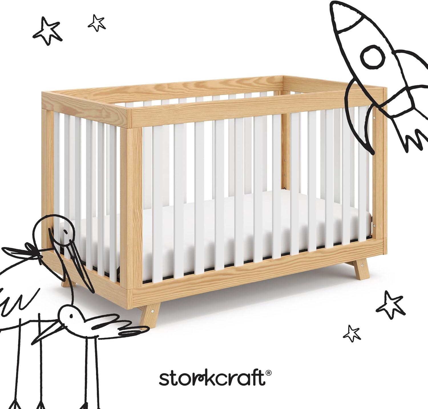 imageStorkcraft Beckett 3in1 Convertible Crib Natural GREENGUARD Gold Certified Fits Standard Crib Mattress Converts to Toddler Bed and Daybed 4 Adjustable Mattress Heights GrowwithMe DesignNatural With White