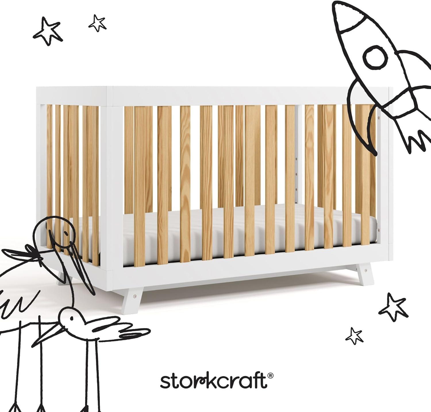 imageStorkcraft Beckett 3in1 Convertible Crib Natural GREENGUARD Gold Certified Fits Standard Crib Mattress Converts to Toddler Bed and Daybed 4 Adjustable Mattress Heights GrowwithMe DesignWhite With Natural
