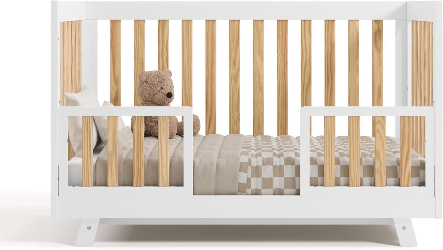 imageStorkcraft Beckett 3in1 Convertible Crib Natural GREENGUARD Gold Certified Fits Standard Crib Mattress Converts to Toddler Bed and Daybed 4 Adjustable Mattress Heights GrowwithMe DesignWhite With Natural