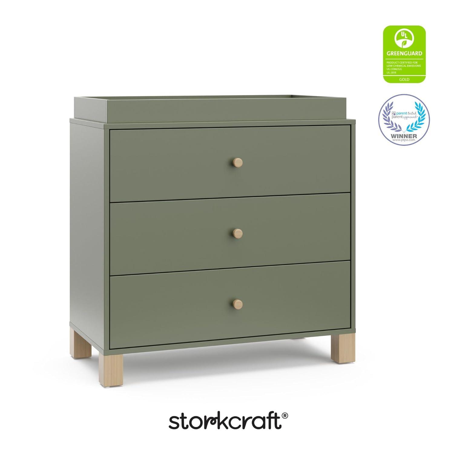 imageStorkcraft California 3Drawer Chest with Removable Changing Topper Olive with Driftwood GREENGUARD Gold Certified Interlocking Drawer System PreInstalled Tracks Easy AssemblyOlive With Driftwood