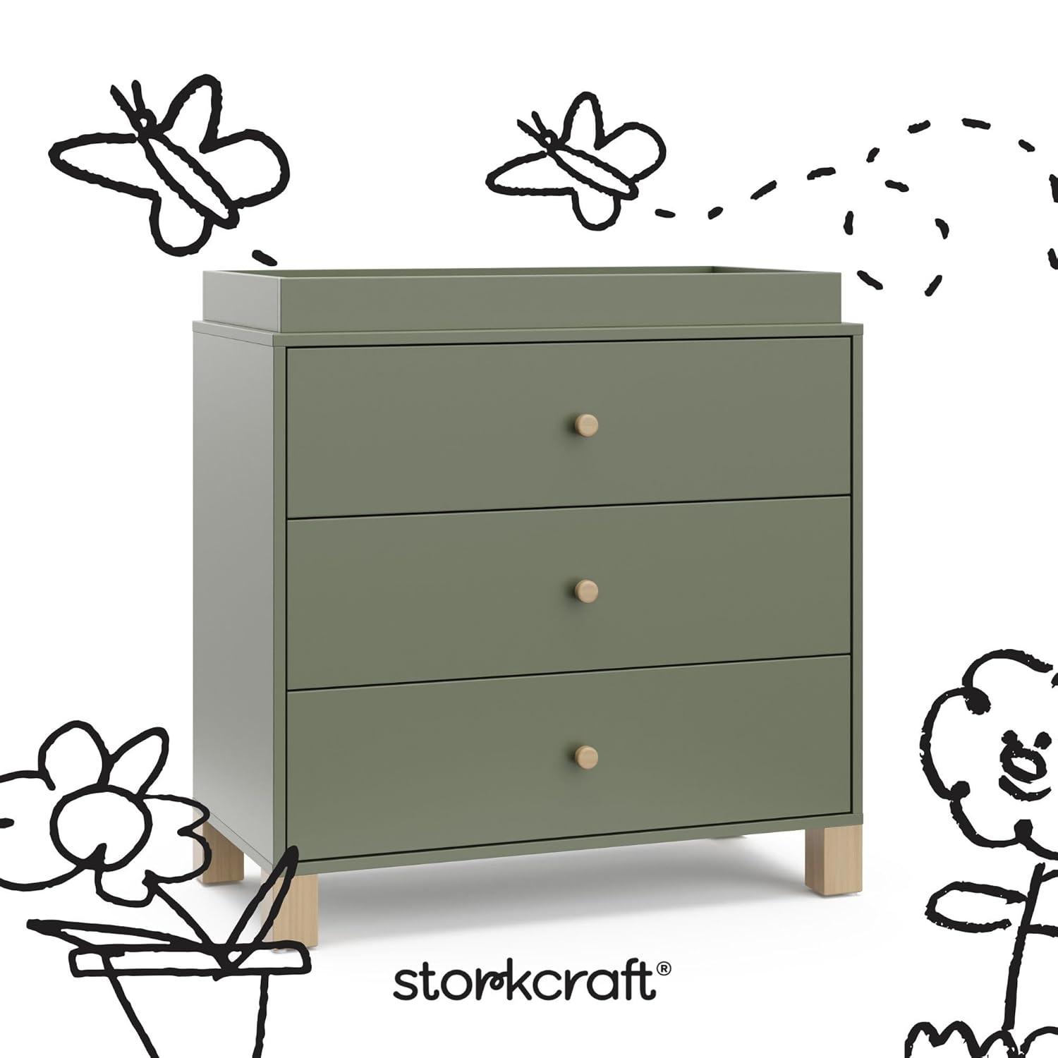 imageStorkcraft California 3Drawer Chest with Removable Changing Topper Olive with Driftwood GREENGUARD Gold Certified Interlocking Drawer System PreInstalled Tracks Easy AssemblyOlive With Driftwood
