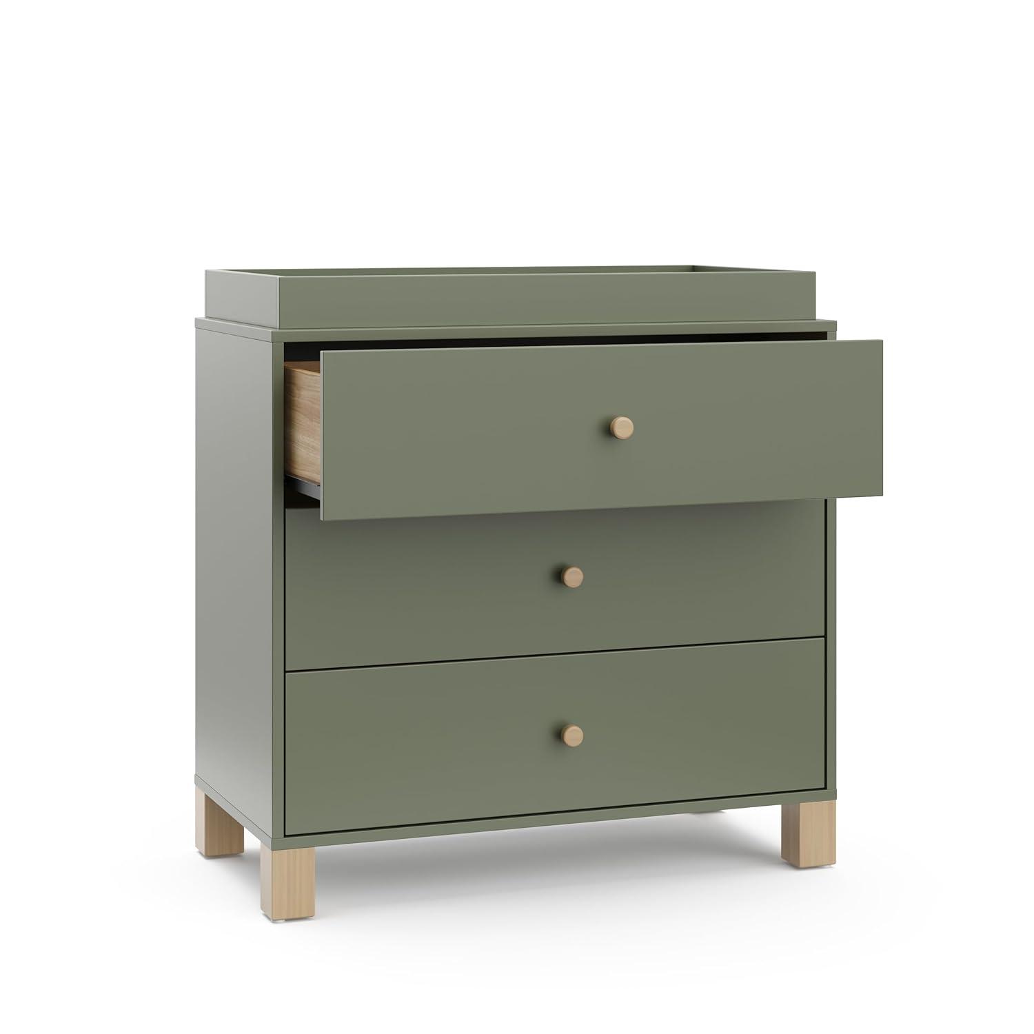 imageStorkcraft California 3Drawer Chest with Removable Changing Topper Olive with Driftwood GREENGUARD Gold Certified Interlocking Drawer System PreInstalled Tracks Easy AssemblyOlive With Driftwood