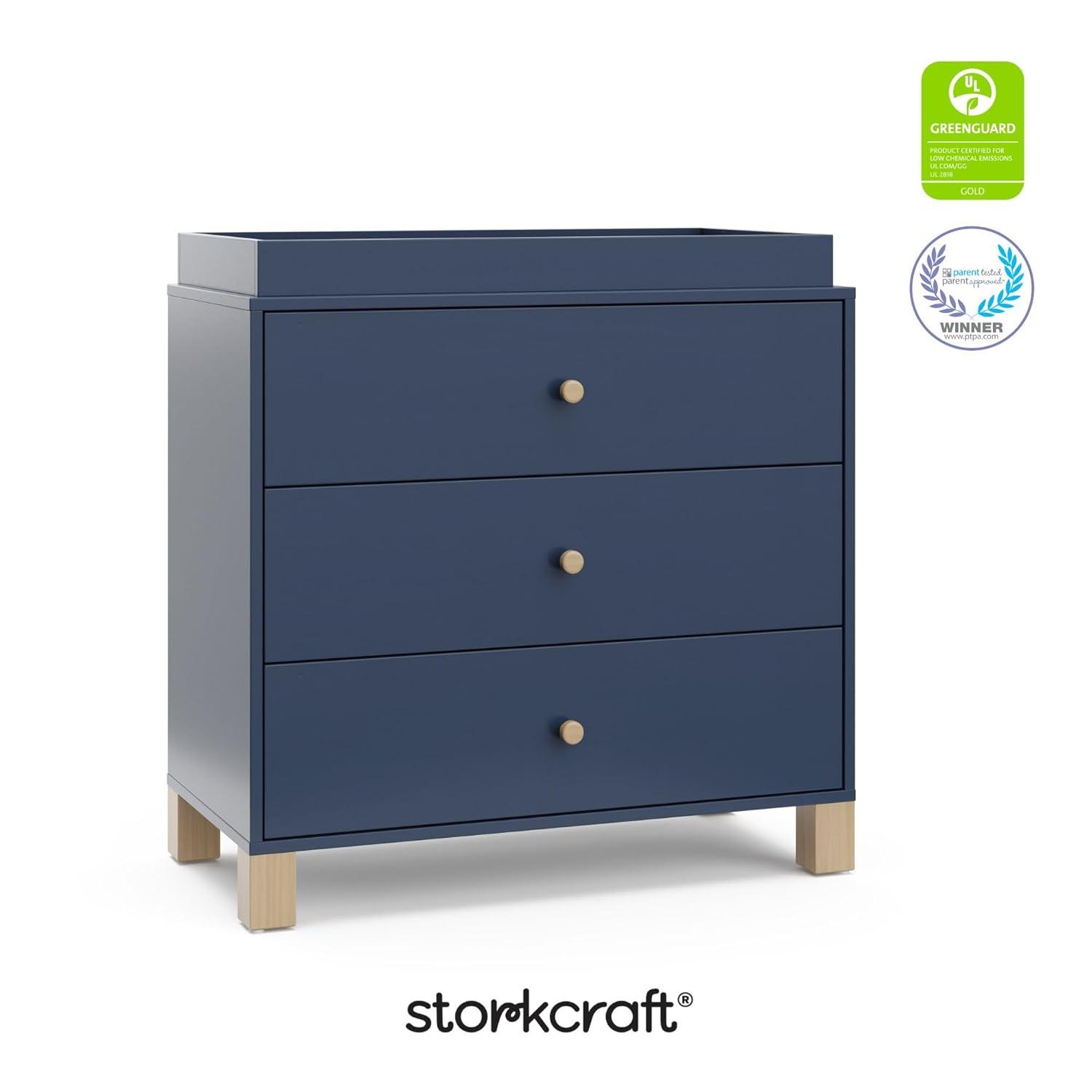 imageStorkcraft California 3Drawer Chest with Removable Changing Topper Olive with Driftwood GREENGUARD Gold Certified Interlocking Drawer System PreInstalled Tracks Easy AssemblyMidnight Blue With Driftwood