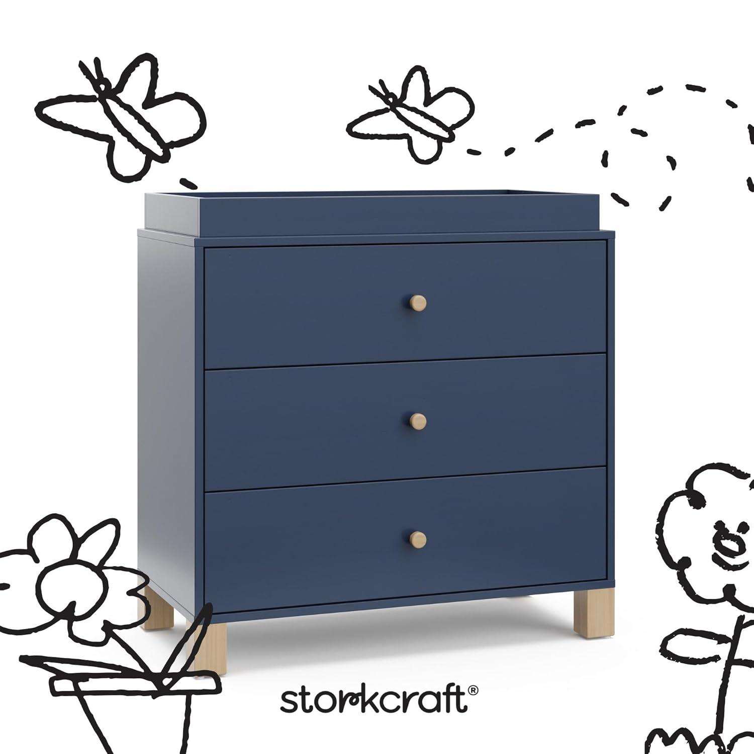 imageStorkcraft California 3Drawer Chest with Removable Changing Topper Olive with Driftwood GREENGUARD Gold Certified Interlocking Drawer System PreInstalled Tracks Easy AssemblyMidnight Blue With Driftwood