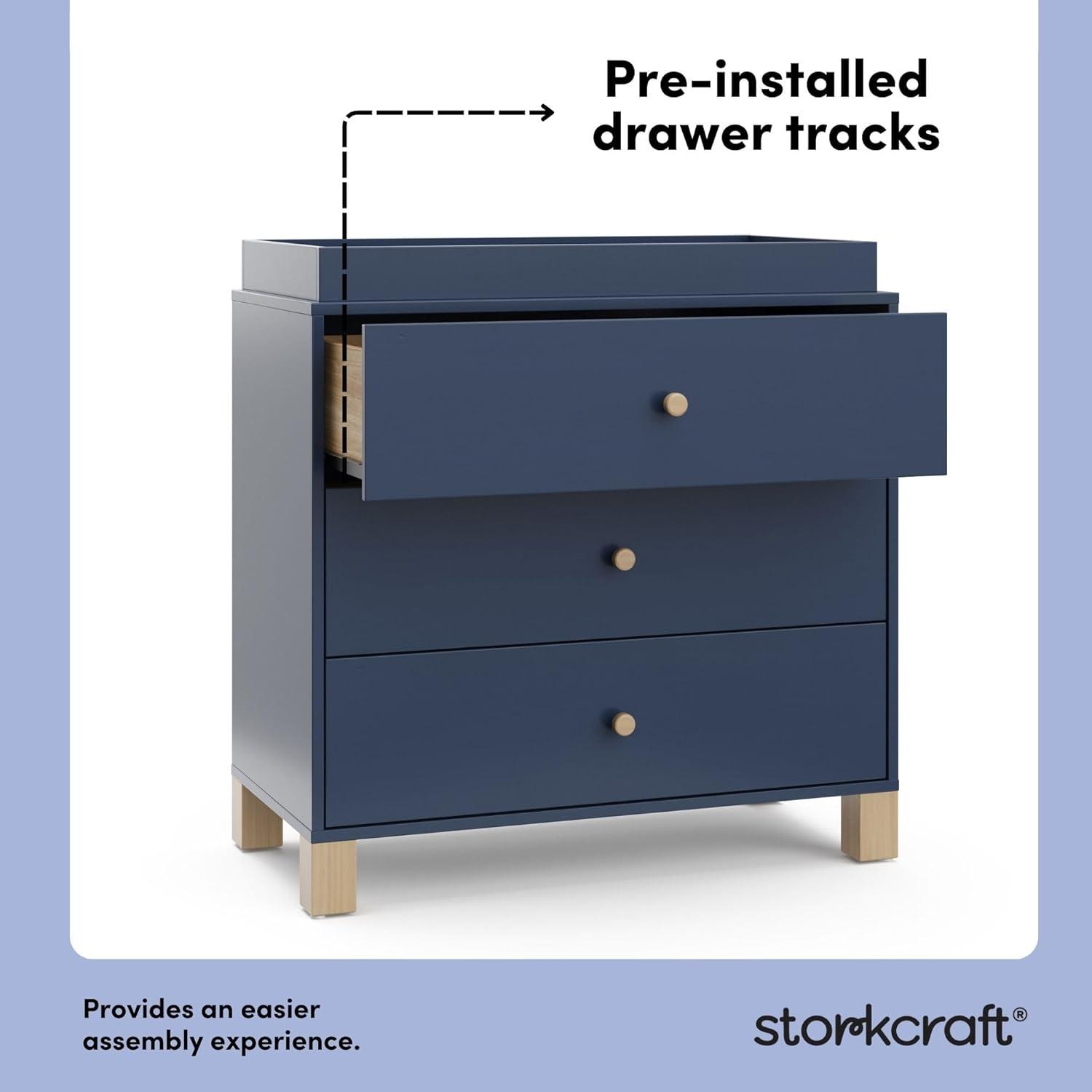 imageStorkcraft California 3Drawer Chest with Removable Changing Topper Olive with Driftwood GREENGUARD Gold Certified Interlocking Drawer System PreInstalled Tracks Easy AssemblyMidnight Blue With Driftwood