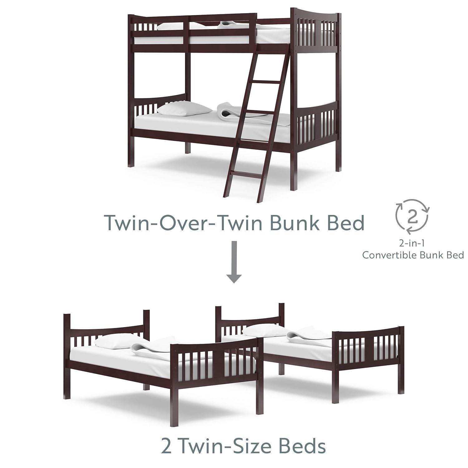 imageStorkcraft Caribou Bunk Bed Twin Over Twin Bunk Bed White GREENGUARD Gold Certified Twin Bunk Beds for Kids Converts to 2 Individual Twin Beds Bunk Beds for KidsEspresso