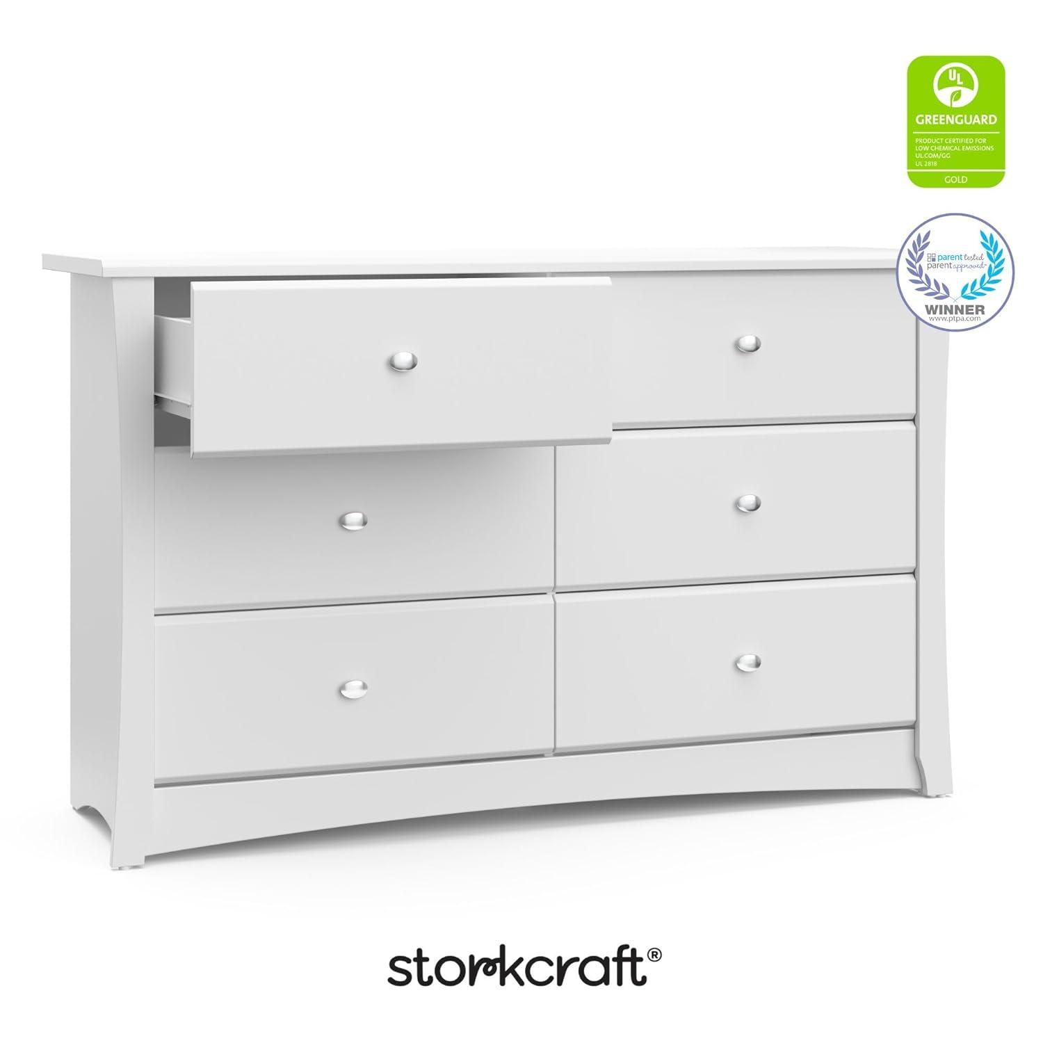 imageStorkcraft Crescent 6Drawer Dresser White GREENGUARD Gold Certified White Dresser for Bedroom Kids ampamp Nursery Storage Chest Safety Interlocking Drawers PreInstalled Tracks Kids ChestWhite