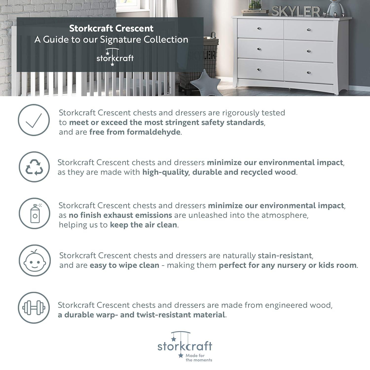 imageStorkcraft Crescent 6Drawer Dresser White GREENGUARD Gold Certified White Dresser for Bedroom Kids ampamp Nursery Storage Chest Safety Interlocking Drawers PreInstalled Tracks Kids ChestWhite