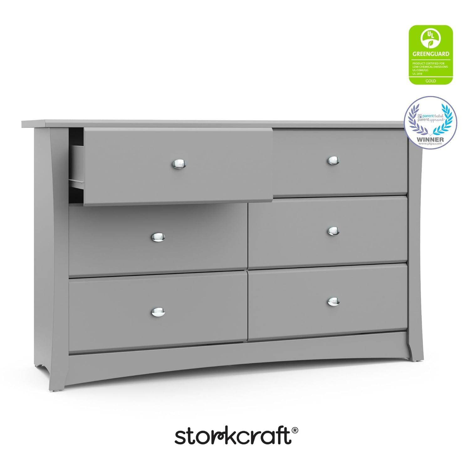 imageStorkcraft Crescent 6Drawer Dresser White GREENGUARD Gold Certified White Dresser for Bedroom Kids ampamp Nursery Storage Chest Safety Interlocking Drawers PreInstalled Tracks Kids ChestPebble Gray