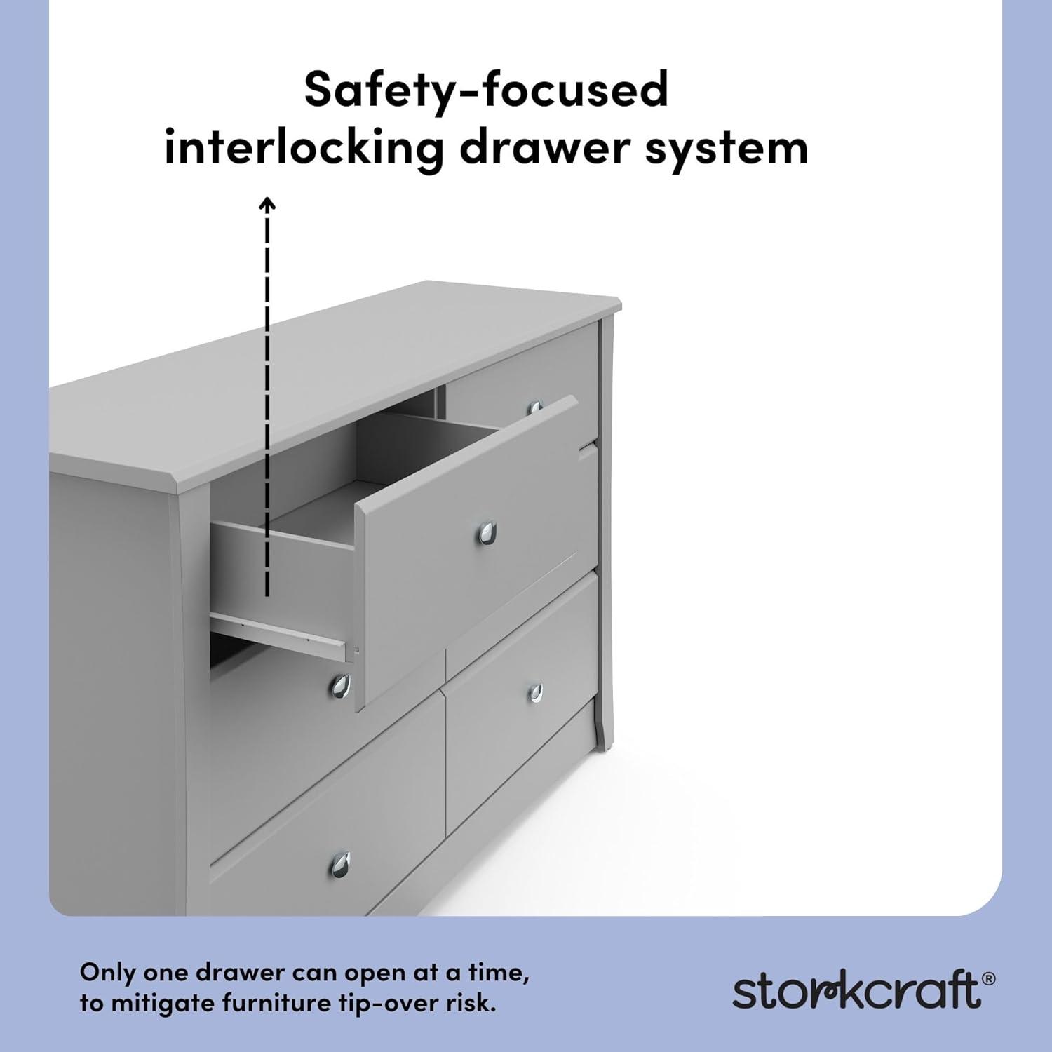 imageStorkcraft Crescent 6Drawer Dresser White GREENGUARD Gold Certified White Dresser for Bedroom Kids ampamp Nursery Storage Chest Safety Interlocking Drawers PreInstalled Tracks Kids ChestPebble Gray