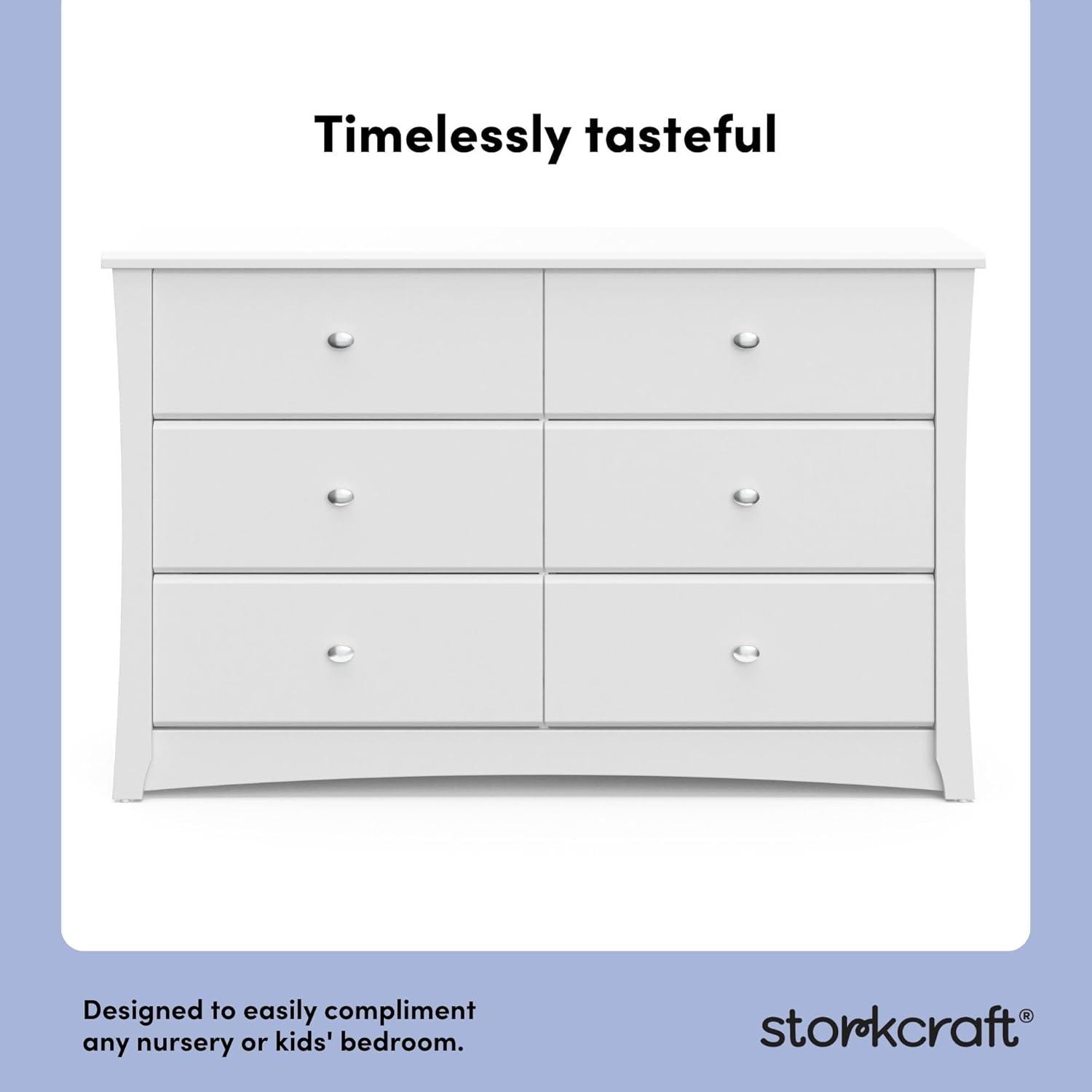 imageStorkcraft Crescent 6Drawer Dresser White GREENGUARD Gold Certified White Dresser for Bedroom Kids ampamp Nursery Storage Chest Safety Interlocking Drawers PreInstalled Tracks Kids ChestWhite