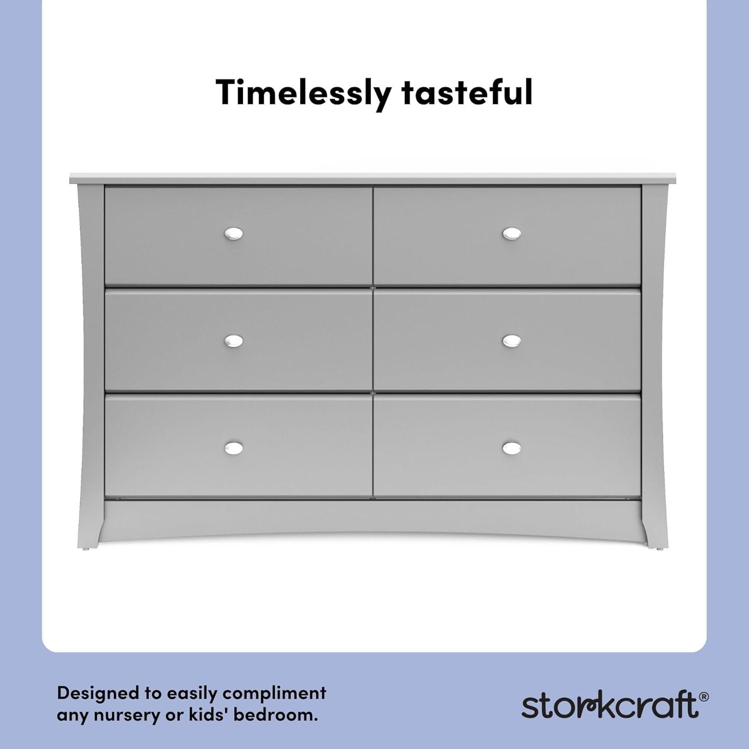 imageStorkcraft Crescent 6Drawer Dresser White GREENGUARD Gold Certified White Dresser for Bedroom Kids ampamp Nursery Storage Chest Safety Interlocking Drawers PreInstalled Tracks Kids ChestPebble Gray