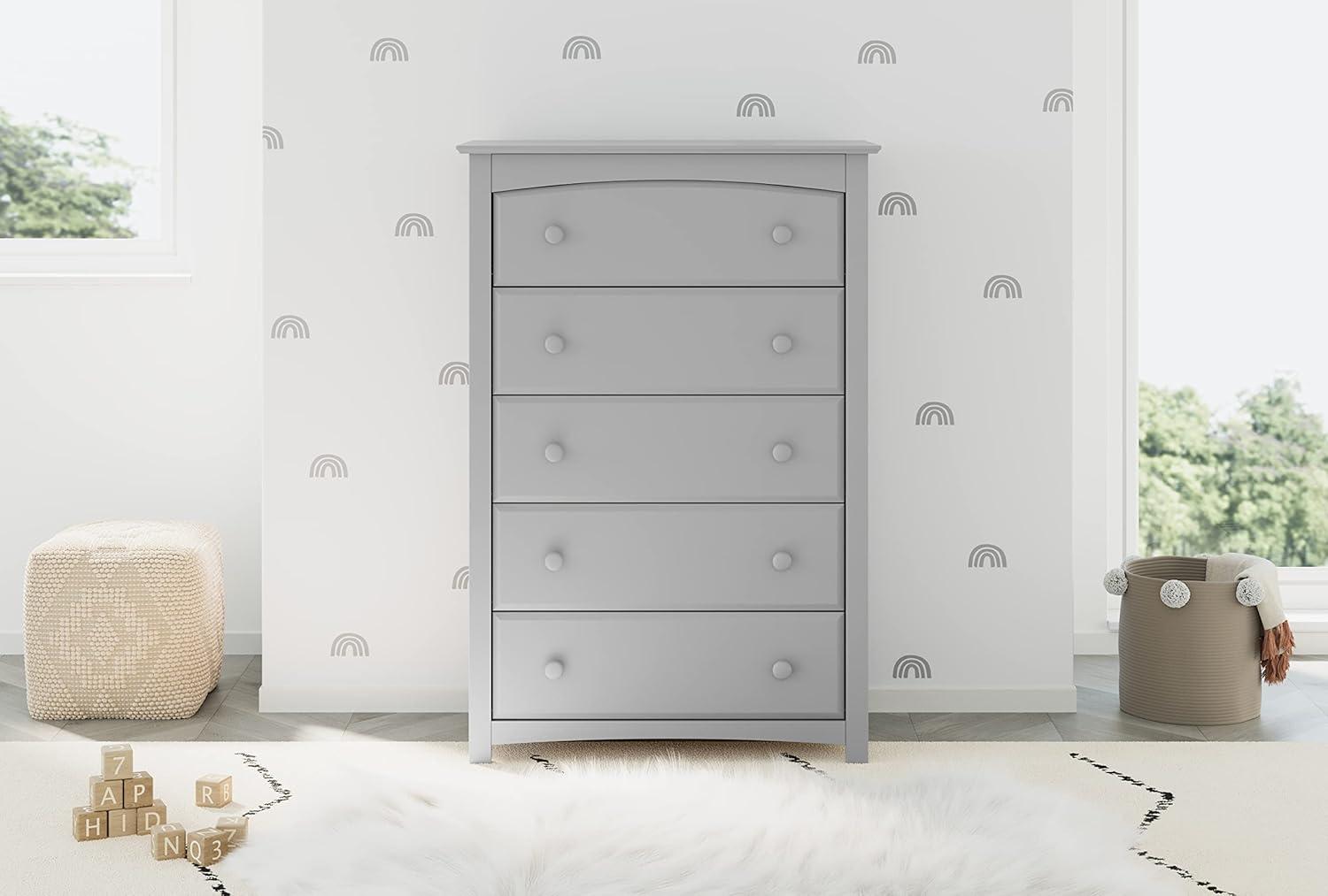 imageStorkcraft Kenton 5 Drawer Dresser White for Kids Bedroom Nursery Dresser Organizer Chest of Drawers with 5 Drawers Universal Design for Childrens BedroomPebble Gray