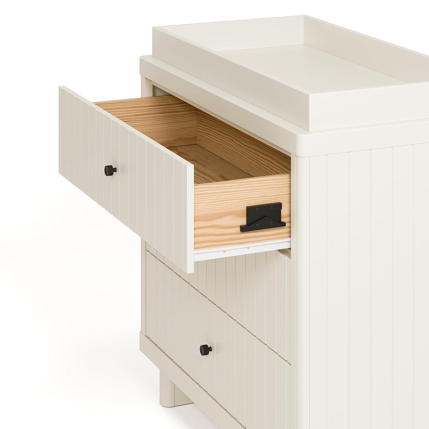 imageStorkcraft Kyoto 3 Drawer Chest with Topper Frosted Oat GREENGUARD Gold Certified Nursery ampamp Kids Bedroom Wood Chest Interlocking Drawer System and Easy Assembly with PreInstalled TracksFrosted Oat