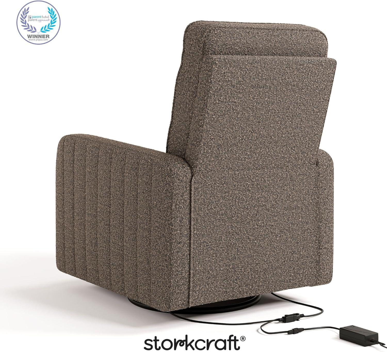imageStorkcraft Kyoto Deluxe ExtraWide Power Recliner Swivel Glider Ivory Boucle Premium Electronic Power Recliner for Nursery Includes DualUSB Charging Port Extra Wide Glider Rocking ChairMountain Brown Boucle
