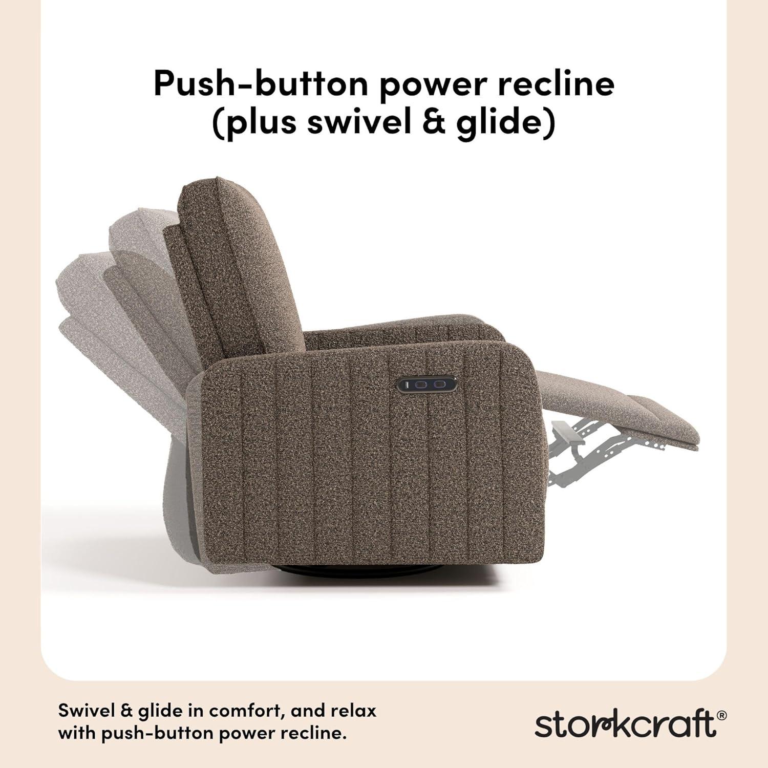 imageStorkcraft Kyoto Deluxe ExtraWide Power Recliner Swivel Glider Ivory Boucle Premium Electronic Power Recliner for Nursery Includes DualUSB Charging Port Extra Wide Glider Rocking ChairMountain Brown Boucle