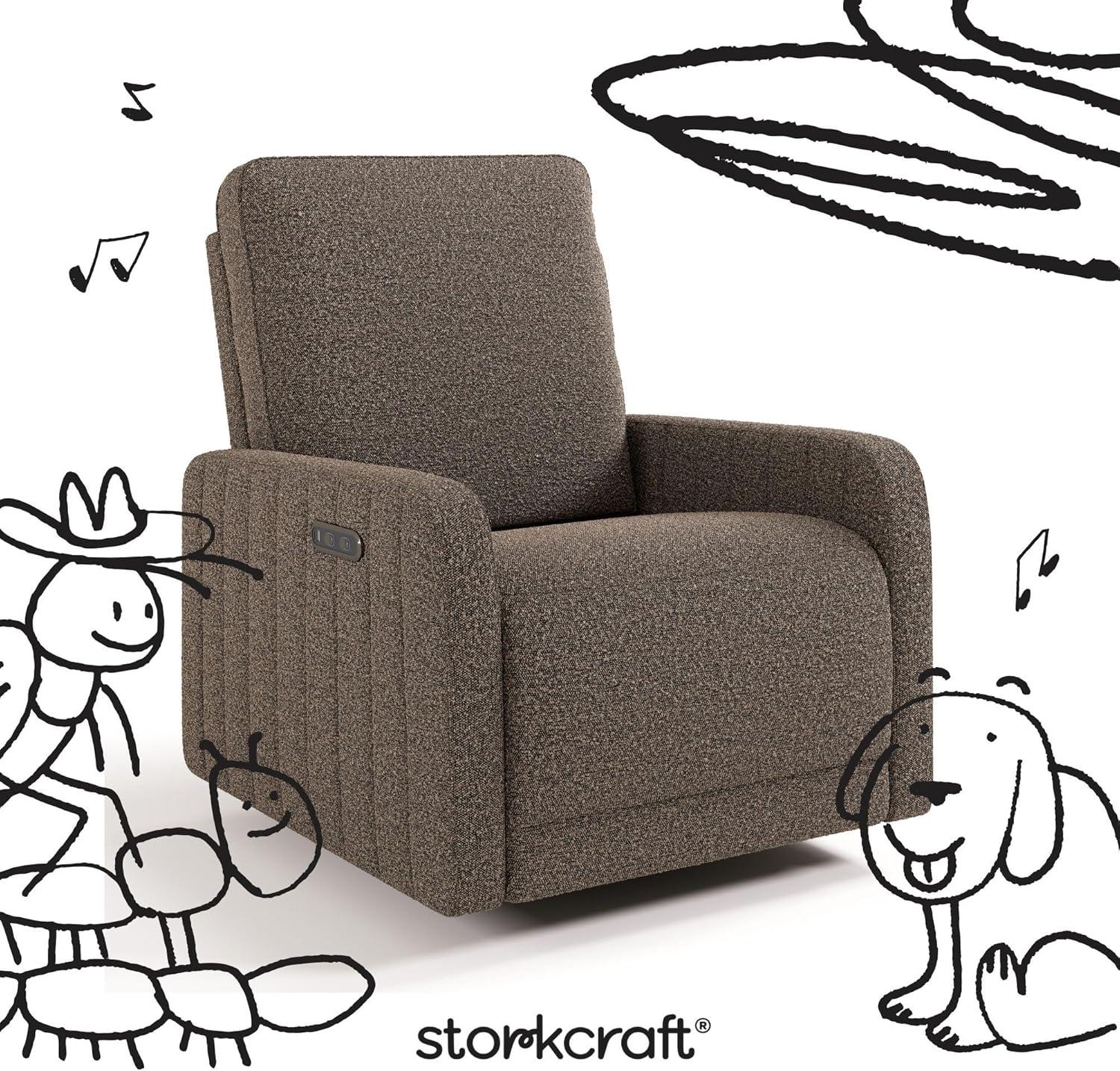 imageStorkcraft Kyoto Deluxe ExtraWide Power Recliner Swivel Glider Ivory Boucle Premium Electronic Power Recliner for Nursery Includes DualUSB Charging Port Extra Wide Glider Rocking ChairMountain Brown Boucle