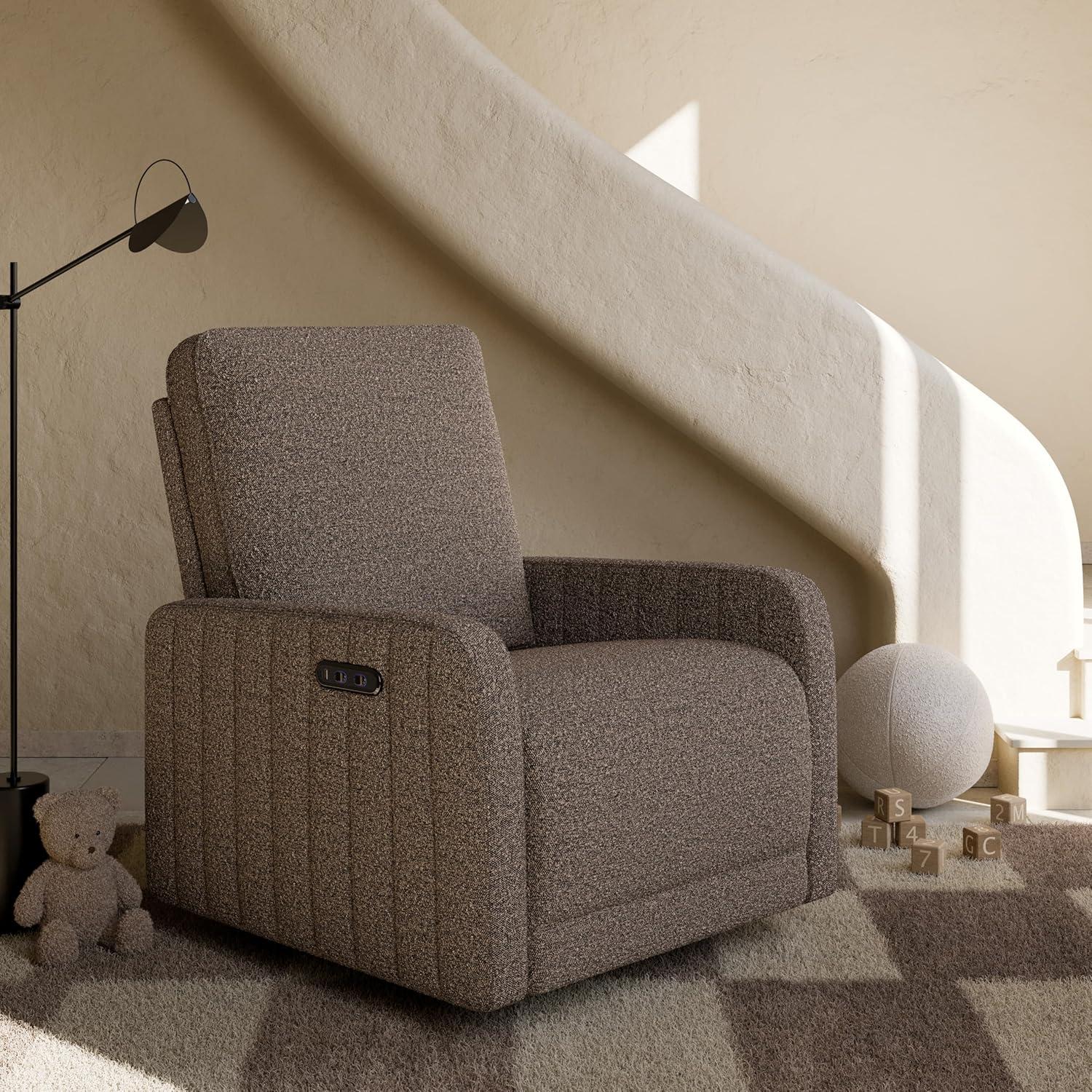 imageStorkcraft Kyoto Deluxe ExtraWide Power Recliner Swivel Glider Ivory Boucle Premium Electronic Power Recliner for Nursery Includes DualUSB Charging Port Extra Wide Glider Rocking ChairMountain Brown Boucle