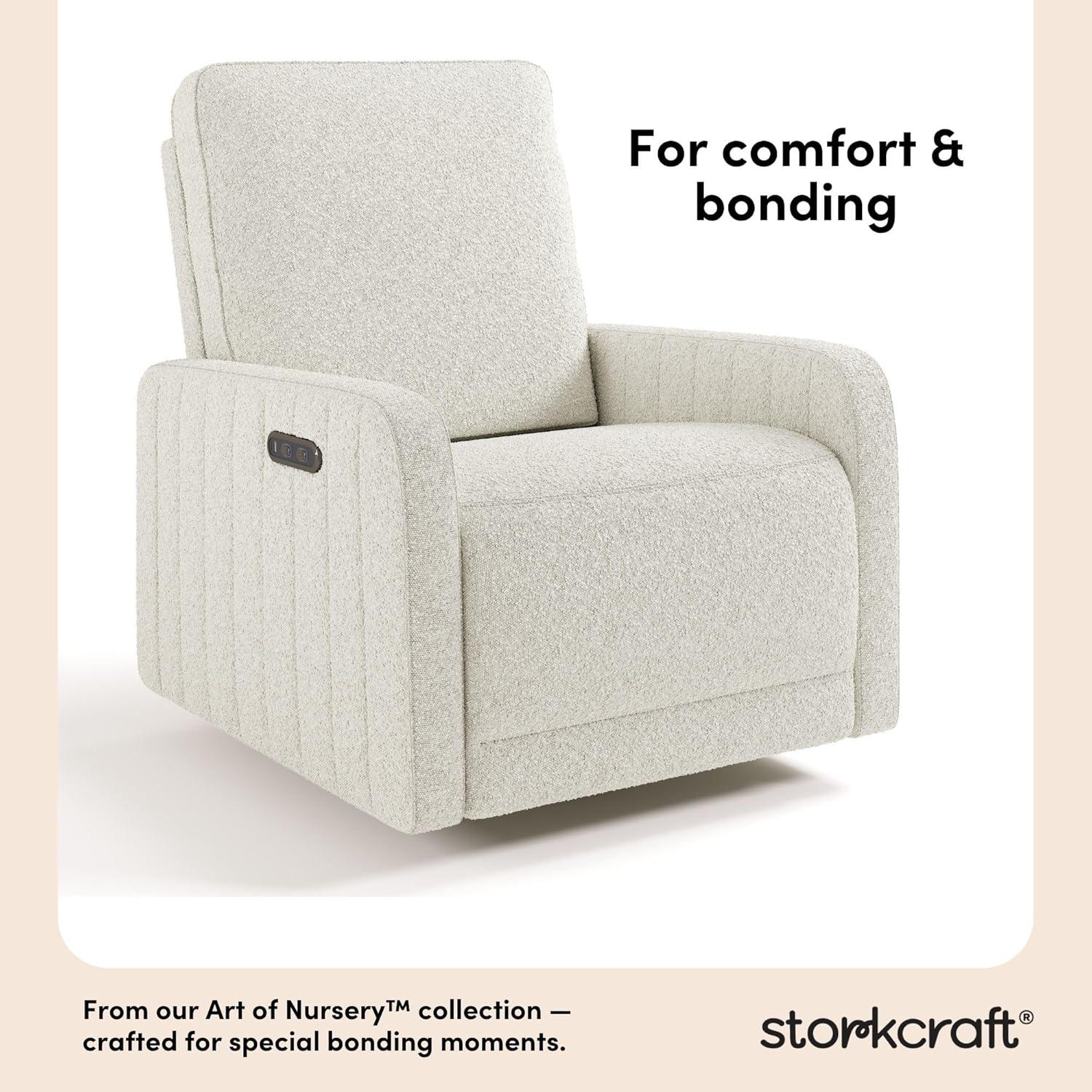 imageStorkcraft Kyoto Deluxe ExtraWide Power Recliner Swivel Glider Ivory Boucle Premium Electronic Power Recliner for Nursery Includes DualUSB Charging Port Extra Wide Glider Rocking ChairIvory Boucle