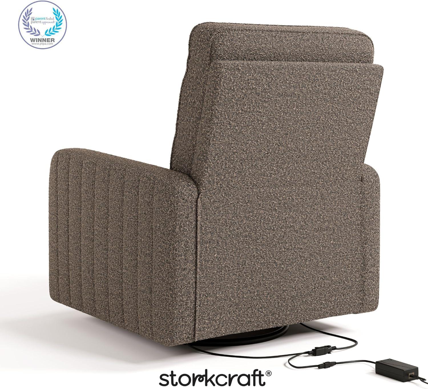 imageStorkcraft Kyoto Deluxe ExtraWide Power Recliner Swivel Glider Ivory Boucle Premium Electronic Power Recliner for Nursery Includes DualUSB Charging Port Extra Wide Glider Rocking ChairMountain Brown Boucle