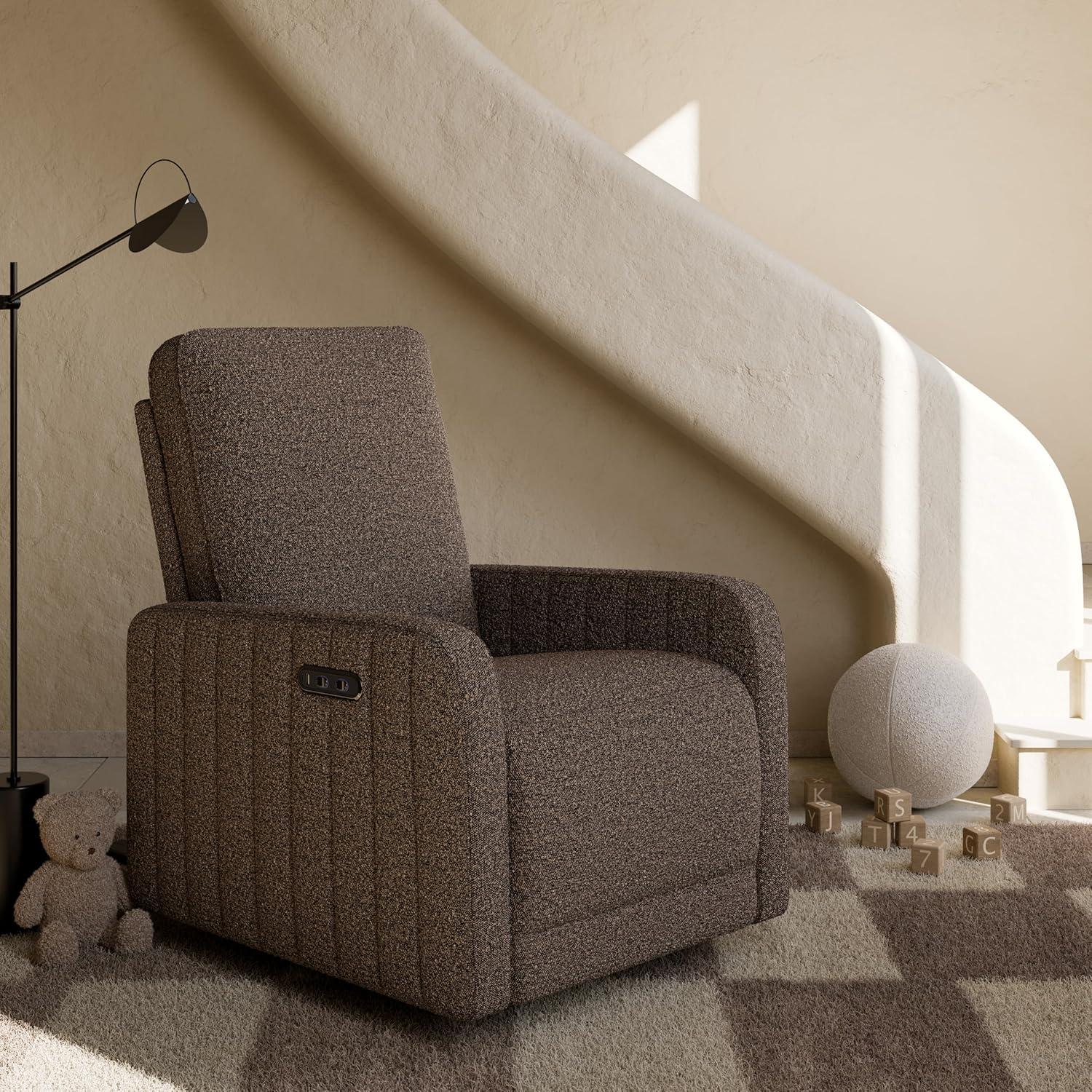 imageStorkcraft Kyoto Deluxe ExtraWide Power Recliner Swivel Glider Ivory Boucle Premium Electronic Power Recliner for Nursery Includes DualUSB Charging Port Extra Wide Glider Rocking ChairMountain Brown Boucle