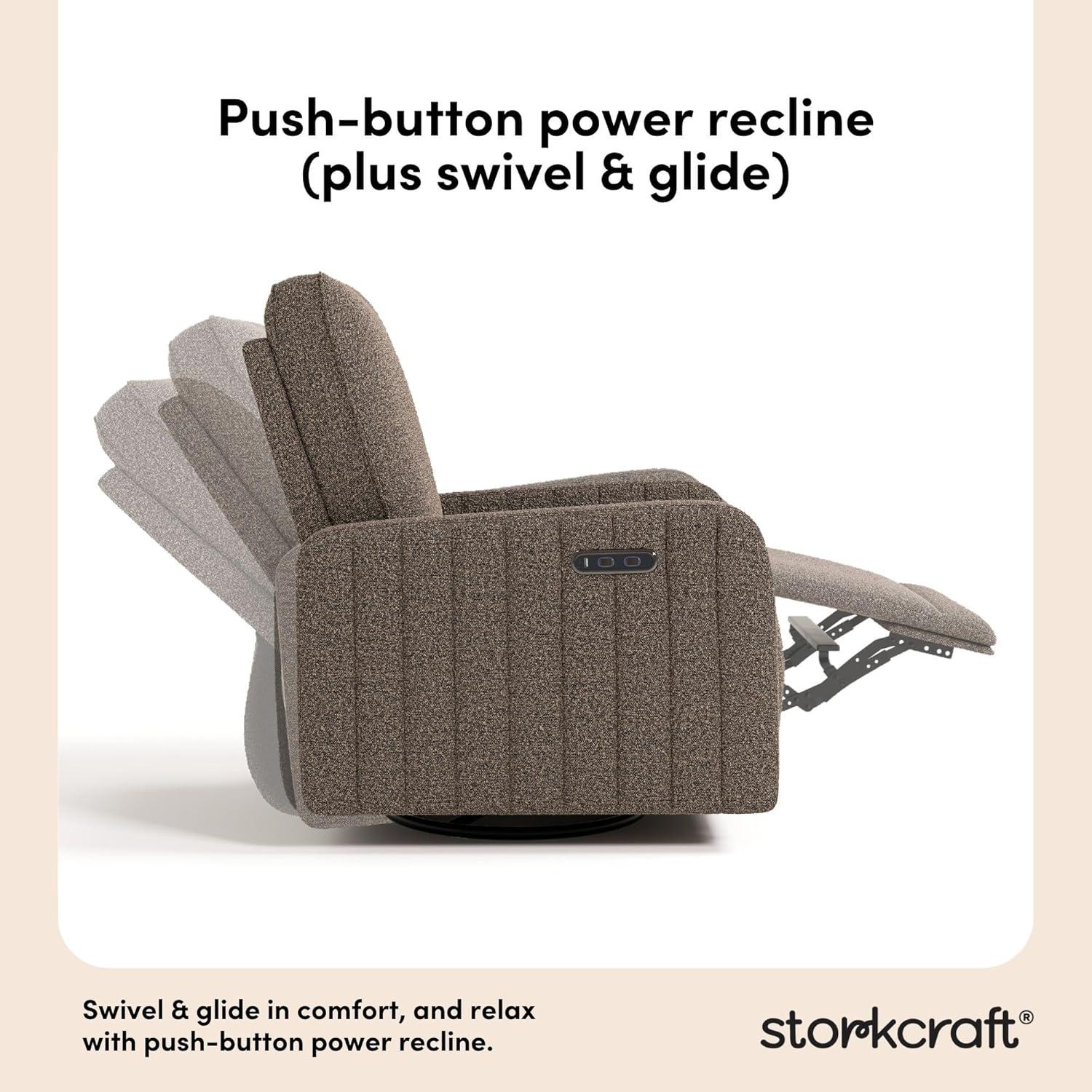 imageStorkcraft Kyoto Deluxe ExtraWide Power Recliner Swivel Glider Ivory Boucle Premium Electronic Power Recliner for Nursery Includes DualUSB Charging Port Extra Wide Glider Rocking ChairMountain Brown Boucle