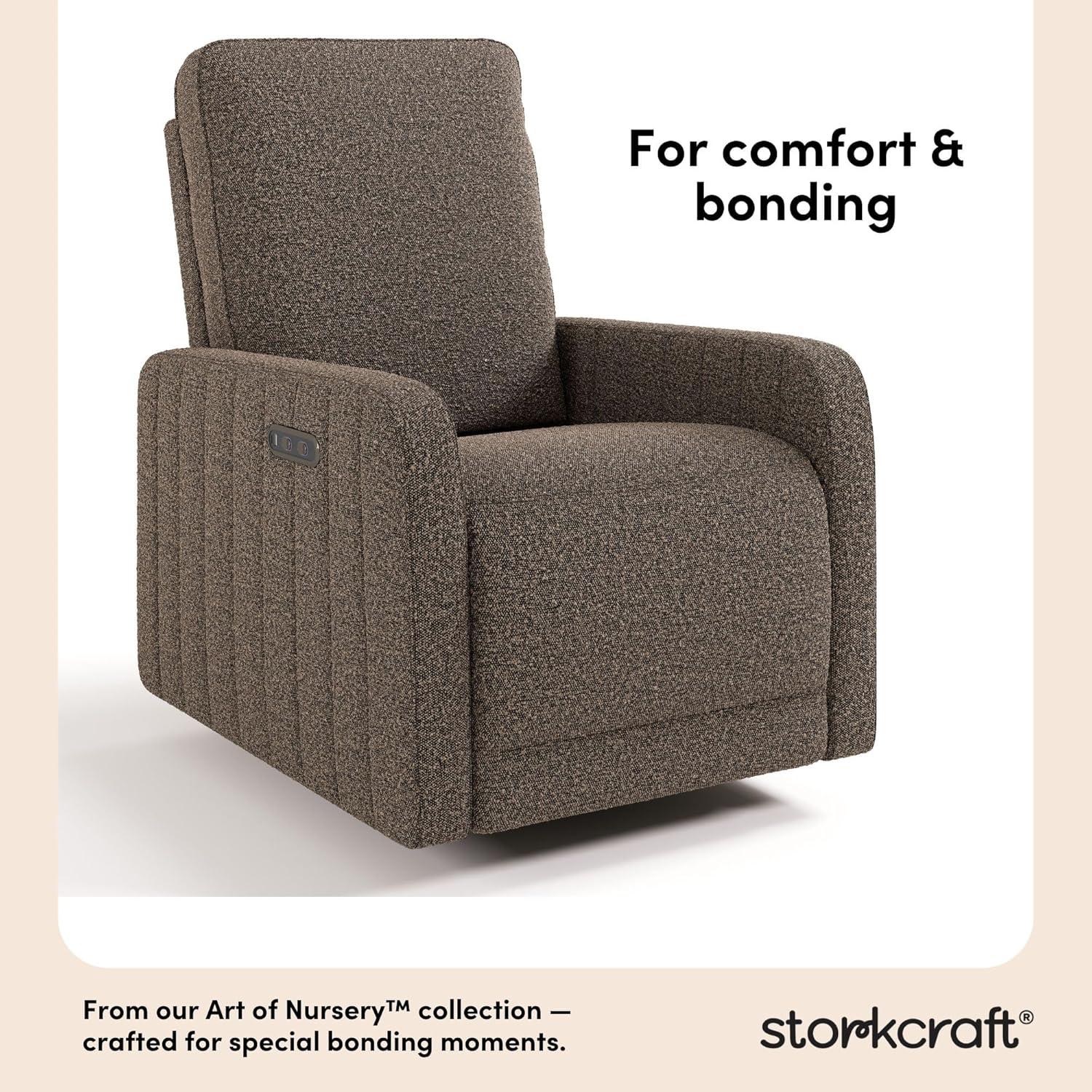 imageStorkcraft Kyoto Deluxe ExtraWide Power Recliner Swivel Glider Ivory Boucle Premium Electronic Power Recliner for Nursery Includes DualUSB Charging Port Extra Wide Glider Rocking ChairMountain Brown Boucle