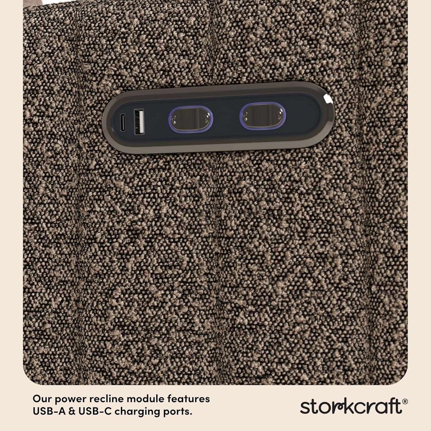 imageStorkcraft Kyoto Deluxe ExtraWide Power Recliner Swivel Glider Ivory Boucle Premium Electronic Power Recliner for Nursery Includes DualUSB Charging Port Extra Wide Glider Rocking ChairMountain Brown Boucle