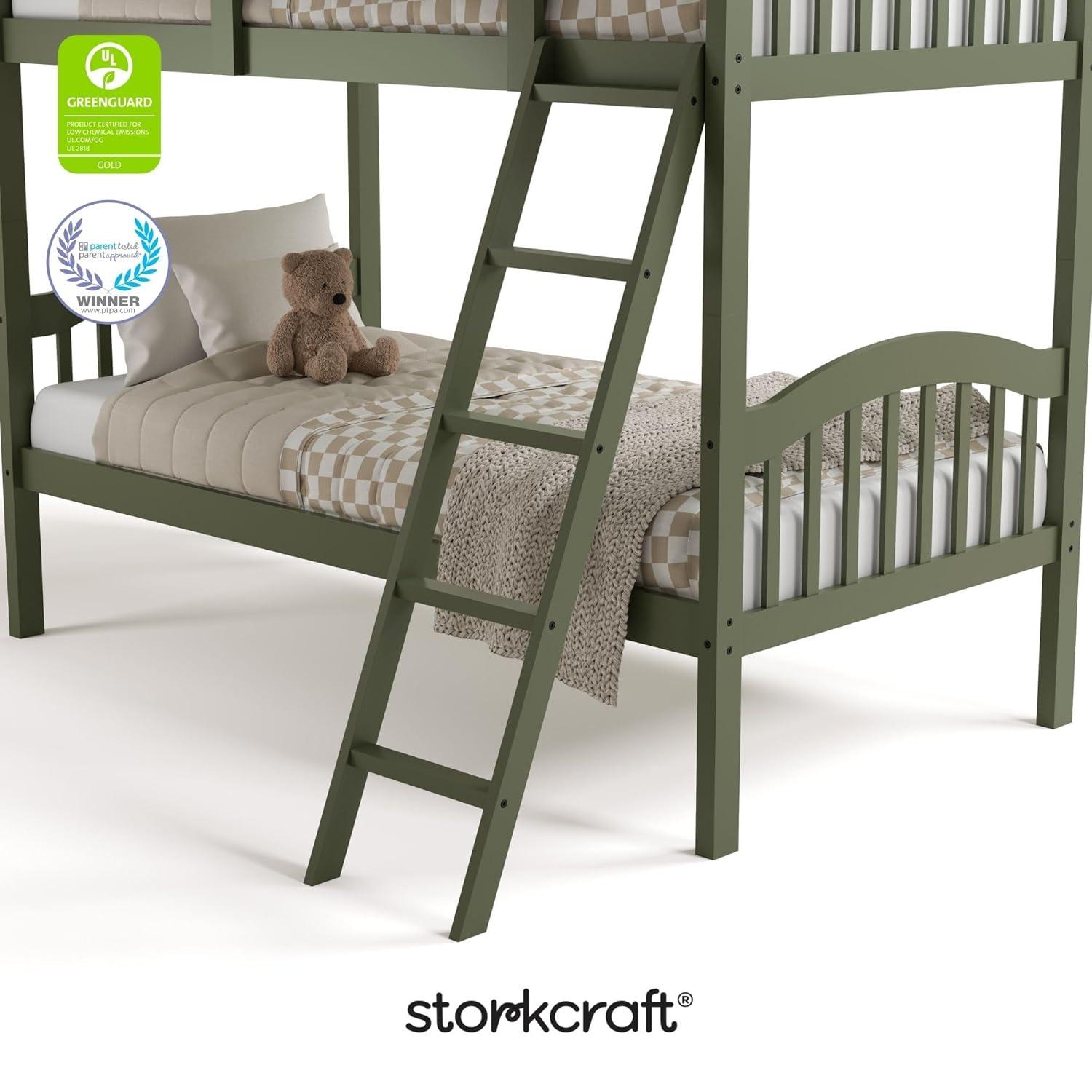 imageStorkcraft Long Horn TwinOverTwin Bunk Bed White GREENGUARD Gold Certified Converts to Two Twin Beds Wood Bunk Bed for Kids BedroomOlive