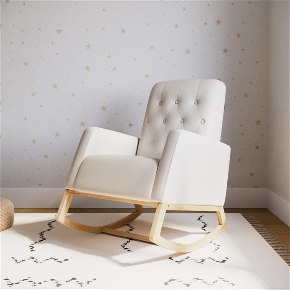 imageStorkcraft Northern Lights Premium Upholstered Nursery Rocking Chair Ivory with Natural Stylish ampamp Supportive Nursery Chair with Natural Wood Rocker Base Premium Button Tufting for Classic StyleNaturalIvory