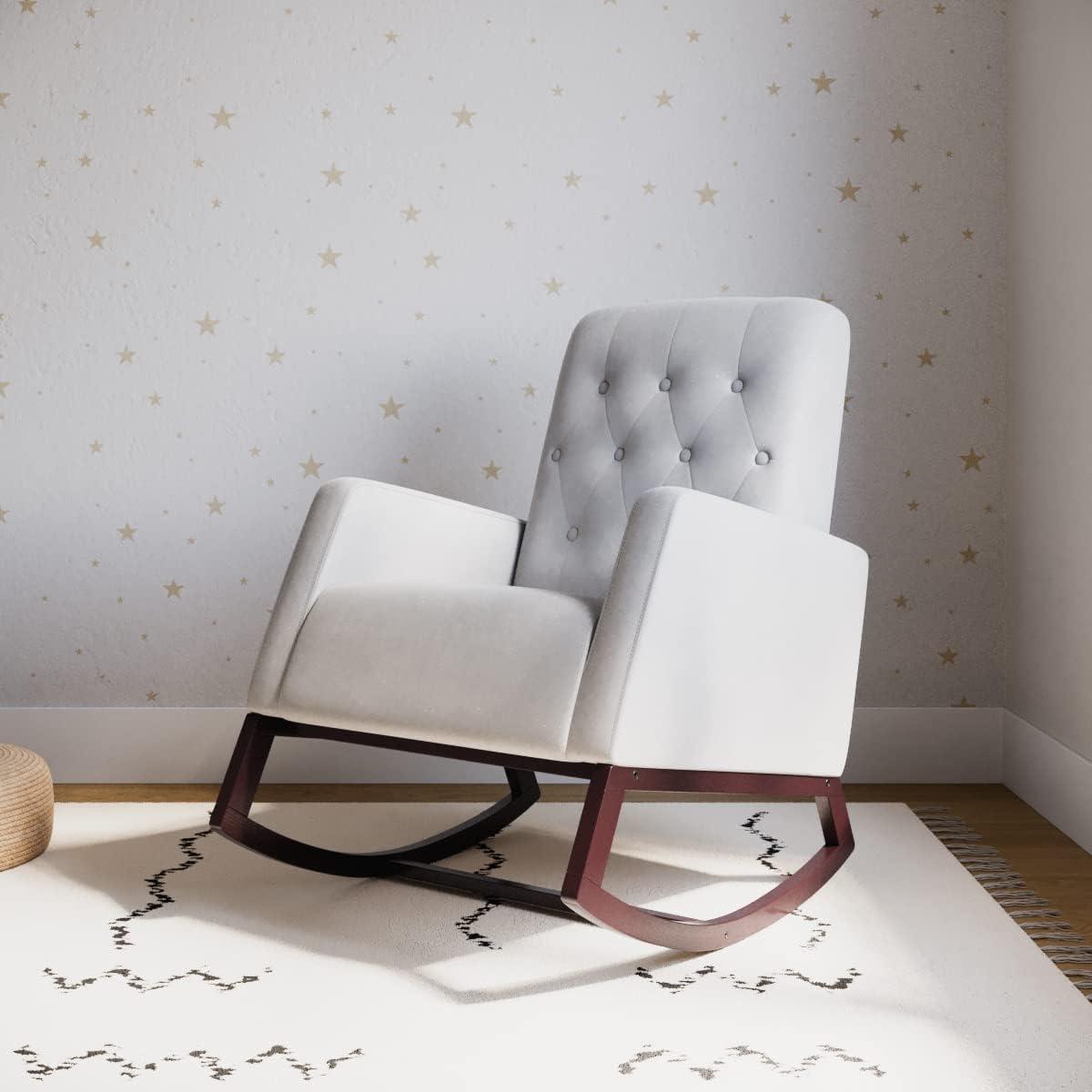 imageStorkcraft Northern Lights Premium Upholstered Nursery Rocking Chair Ivory with Natural Stylish ampamp Supportive Nursery Chair with Natural Wood Rocker Base Premium Button Tufting for Classic StyleEspressoSteel