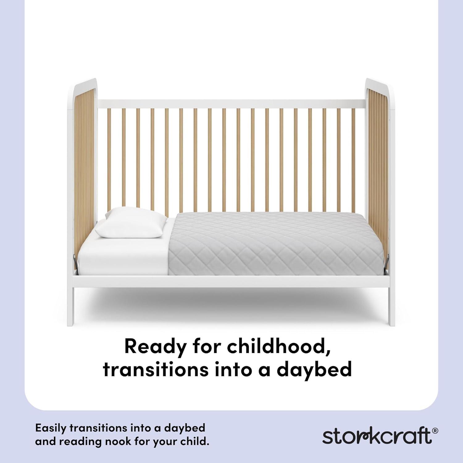 imageStorkcraft Pasadena 3in1 Convertible Crib White GREENGUARD Gold Certified Converts to Daybed and Toddler Bed Fits Standard FullSize Crib Mattress Adjustable Mattress HeightWhite With Driftwood