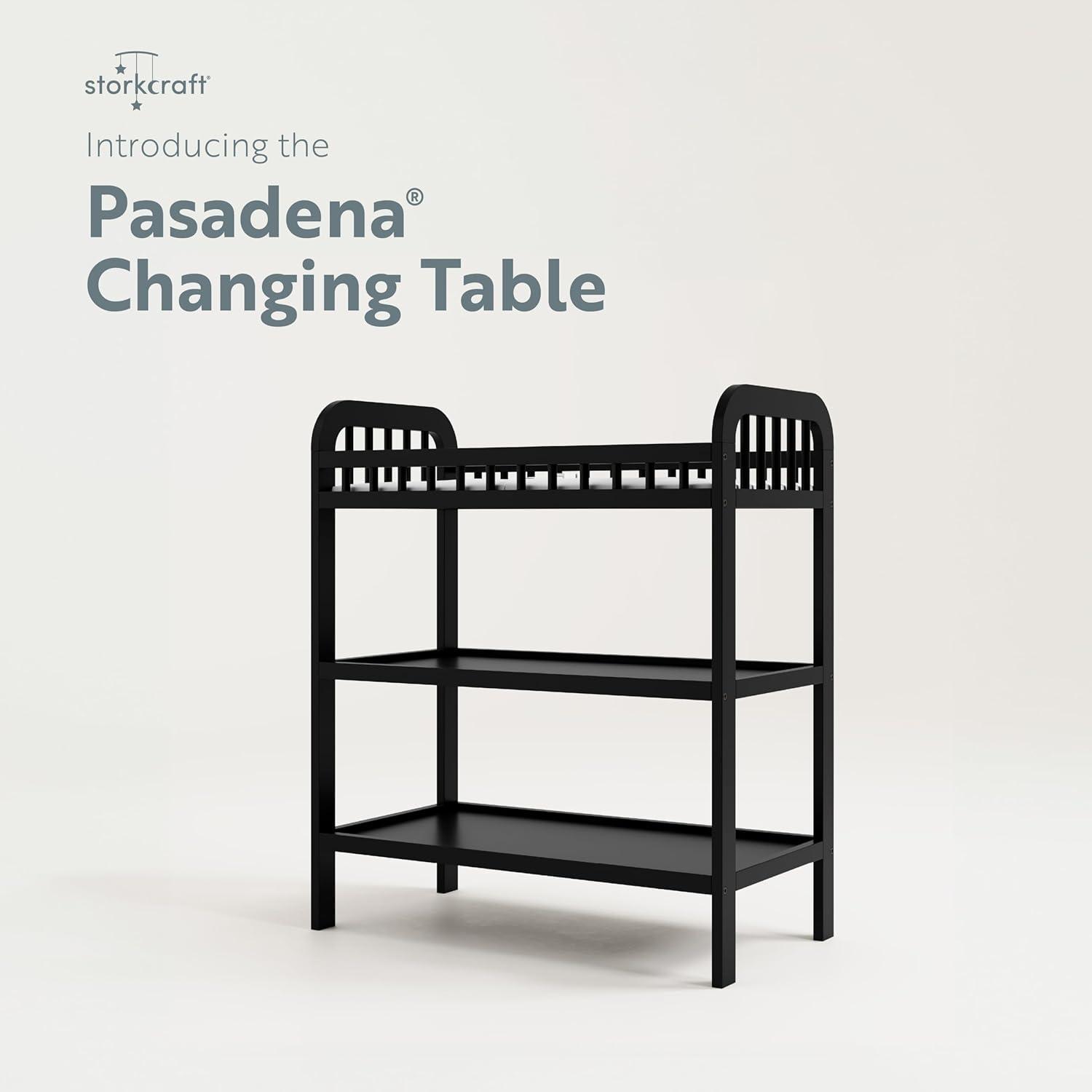 imageStorkcraft Pasadena Changing Table with WaterResistant Changing Pad Driftwood GREENGUARD Gold Certified Includes Bonus WaterResistant Changing Pad with Safety Strap 2 Open ShelvesBlack