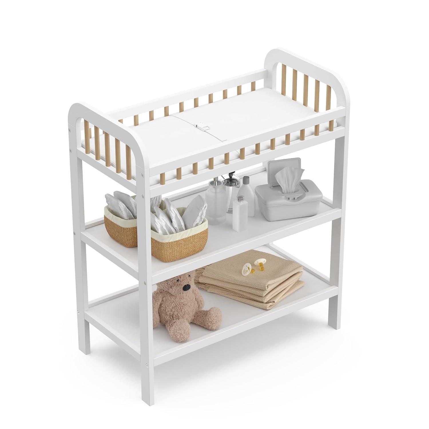 imageStorkcraft Pasadena Changing Table with WaterResistant Changing Pad Driftwood GREENGUARD Gold Certified Includes Bonus WaterResistant Changing Pad with Safety Strap 2 Open ShelvesWhite with Driftwood