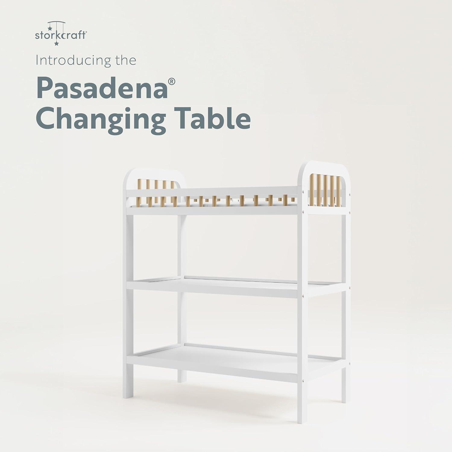 imageStorkcraft Pasadena Changing Table with WaterResistant Changing Pad Driftwood GREENGUARD Gold Certified Includes Bonus WaterResistant Changing Pad with Safety Strap 2 Open ShelvesWhite with Driftwood