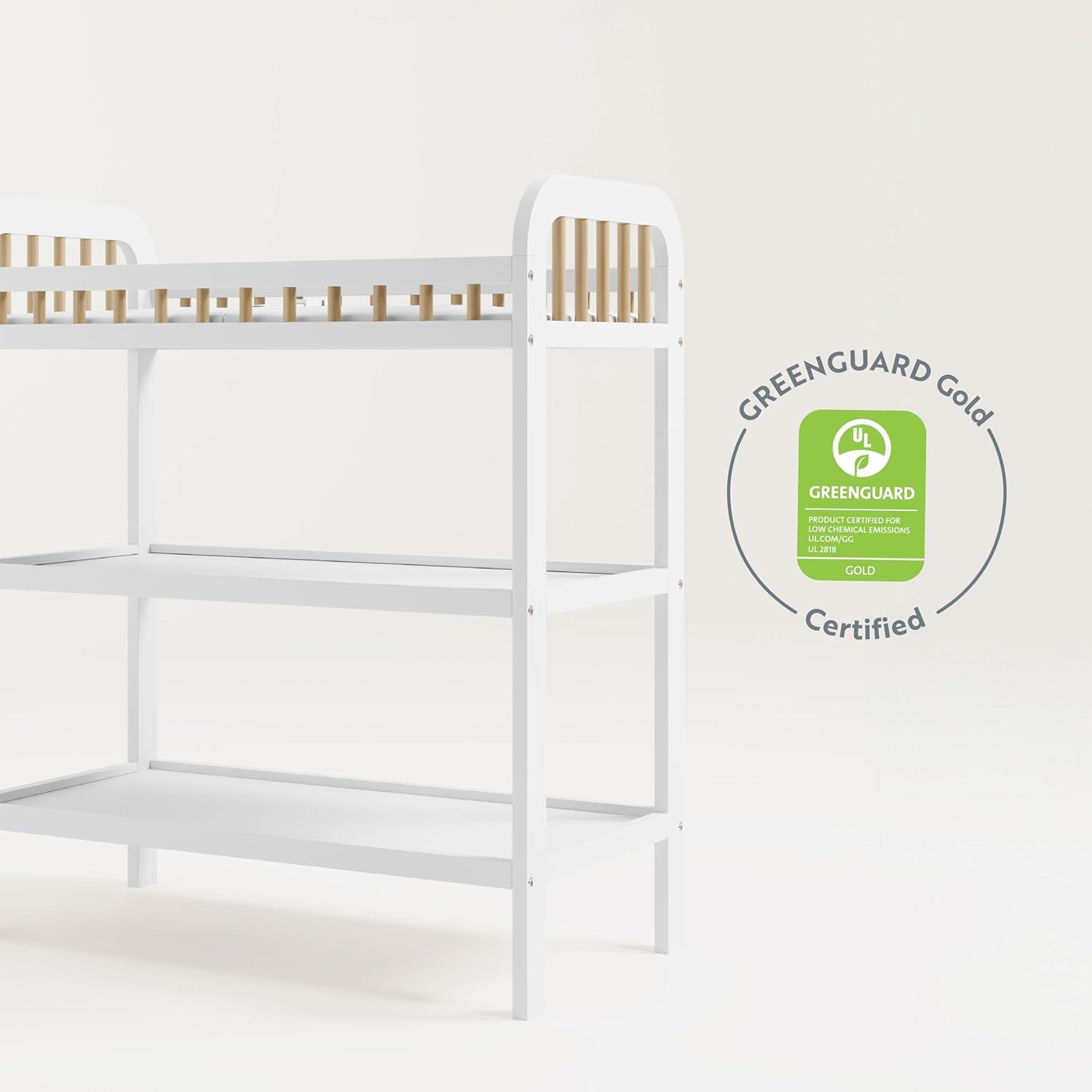 imageStorkcraft Pasadena Changing Table with WaterResistant Changing Pad Driftwood GREENGUARD Gold Certified Includes Bonus WaterResistant Changing Pad with Safety Strap 2 Open ShelvesWhite with Driftwood