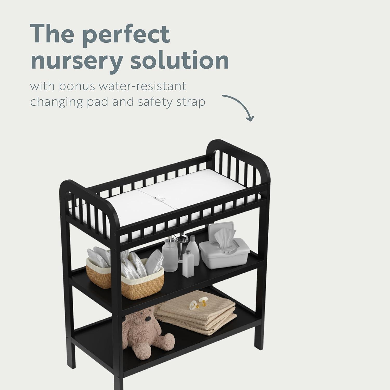 imageStorkcraft Pasadena Changing Table with WaterResistant Changing Pad Driftwood GREENGUARD Gold Certified Includes Bonus WaterResistant Changing Pad with Safety Strap 2 Open ShelvesBlack