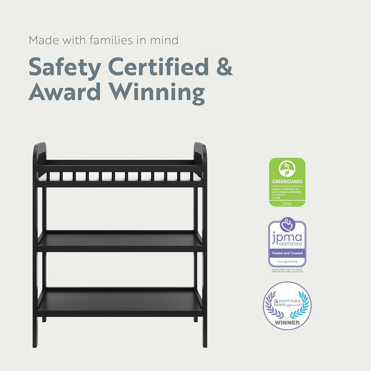 imageStorkcraft Pasadena Changing Table with WaterResistant Changing Pad Driftwood GREENGUARD Gold Certified Includes Bonus WaterResistant Changing Pad with Safety Strap 2 Open ShelvesBlack