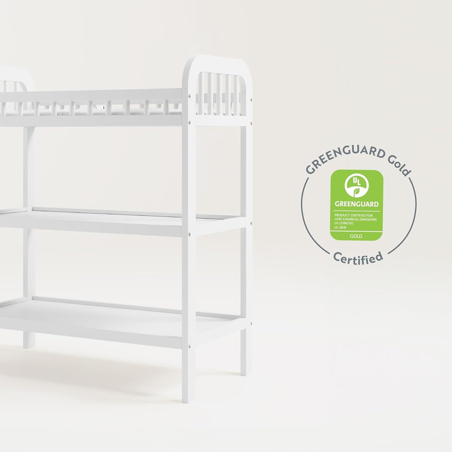 imageStorkcraft Pasadena Changing Table with WaterResistant Changing Pad Driftwood GREENGUARD Gold Certified Includes Bonus WaterResistant Changing Pad with Safety Strap 2 Open ShelvesWhite