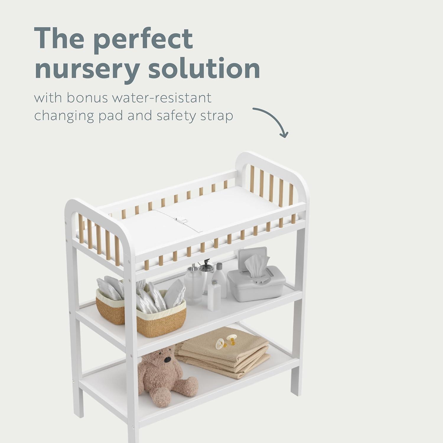 imageStorkcraft Pasadena Changing Table with WaterResistant Changing Pad Driftwood GREENGUARD Gold Certified Includes Bonus WaterResistant Changing Pad with Safety Strap 2 Open ShelvesWhite with Driftwood