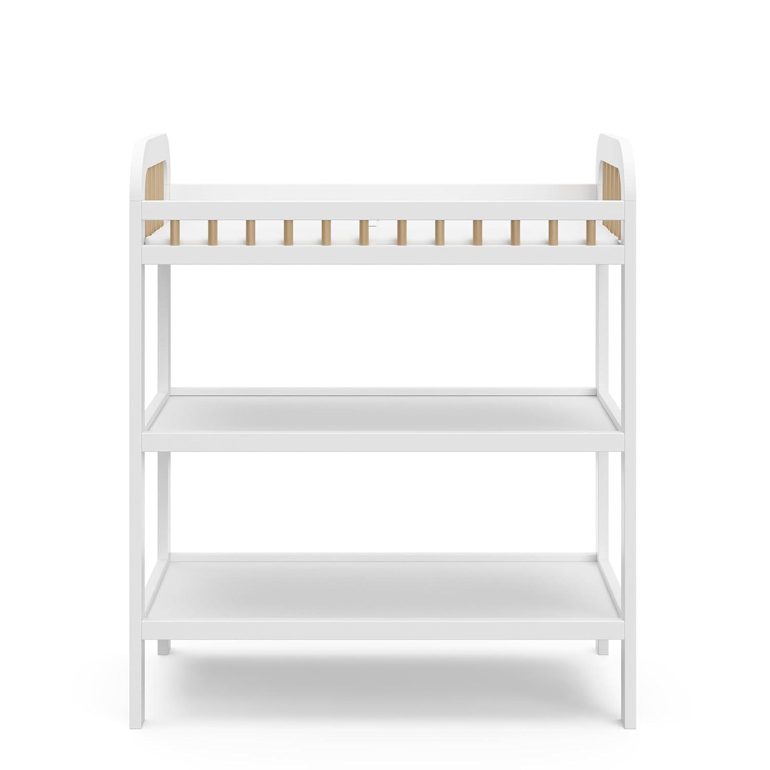 imageStorkcraft Pasadena Changing Table with WaterResistant Changing Pad Driftwood GREENGUARD Gold Certified Includes Bonus WaterResistant Changing Pad with Safety Strap 2 Open ShelvesWhite with Driftwood