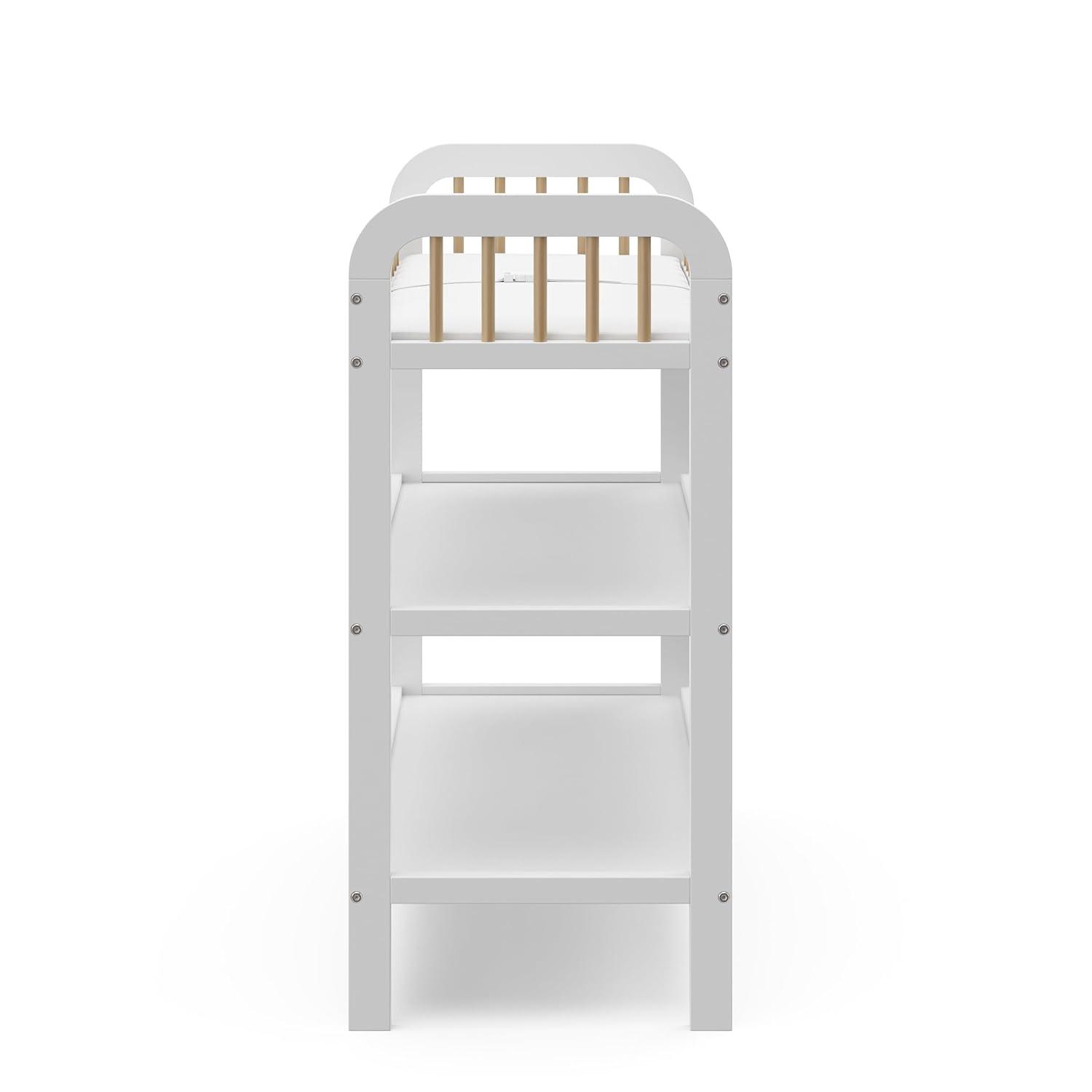 imageStorkcraft Pasadena Changing Table with WaterResistant Changing Pad Driftwood GREENGUARD Gold Certified Includes Bonus WaterResistant Changing Pad with Safety Strap 2 Open ShelvesWhite with Driftwood