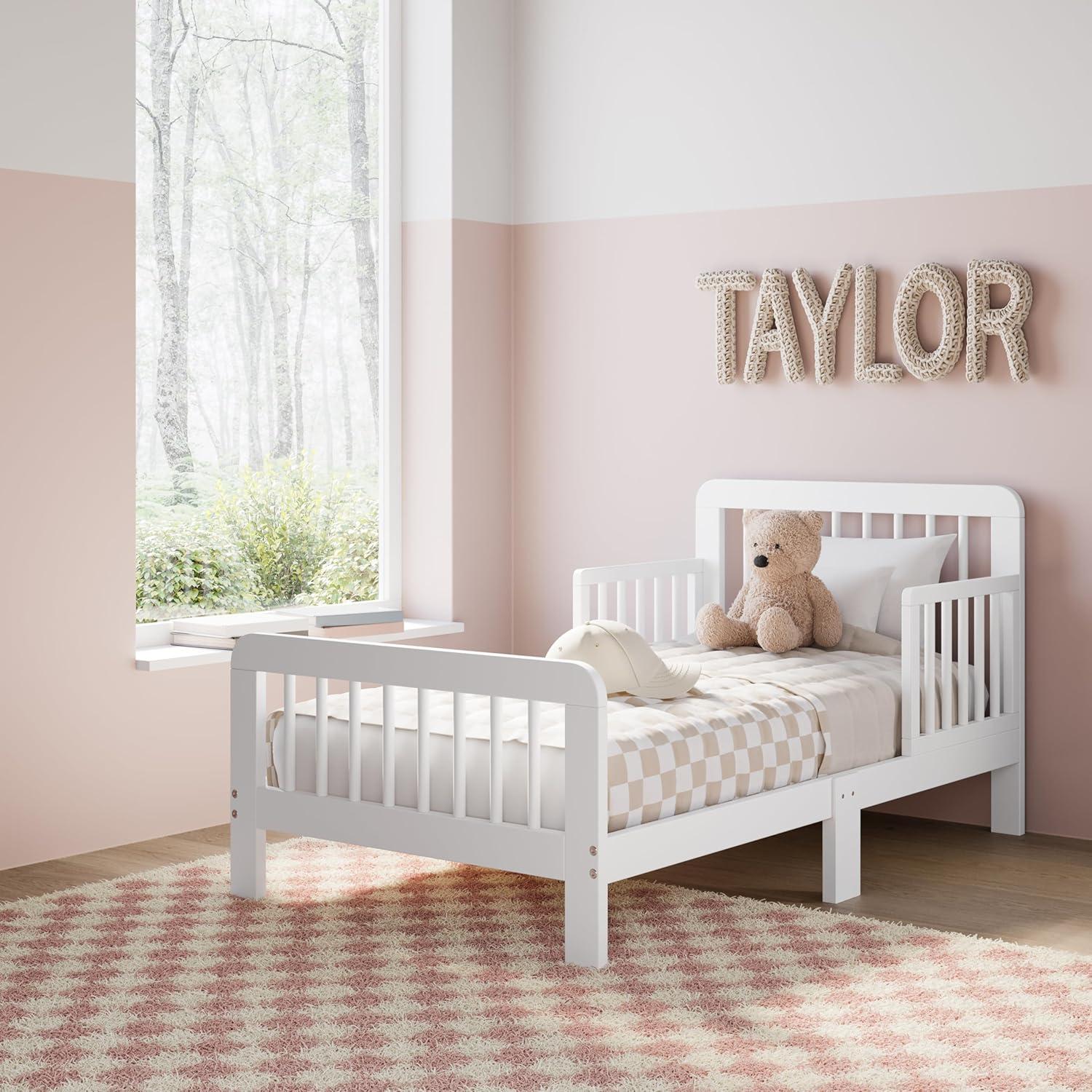 imageStorkcraft Pasadena Toddler Bed White with Driftwood GREENGUARD Gold Certified Fits Standard FullSize Crib ampamp Toddler Mattress Toddler Safety Guardrails Included Complete Design with FootboardWhite